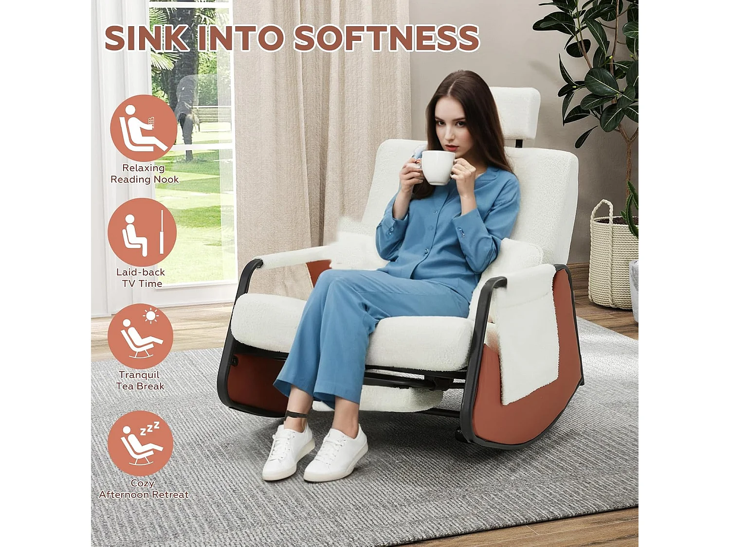 YODOLLA Fauteuil à Bascule, avec Repos-pieds Extensible, Dossier et Appui-tête Réglables, Poche Latérale pour Salon (Blanc)