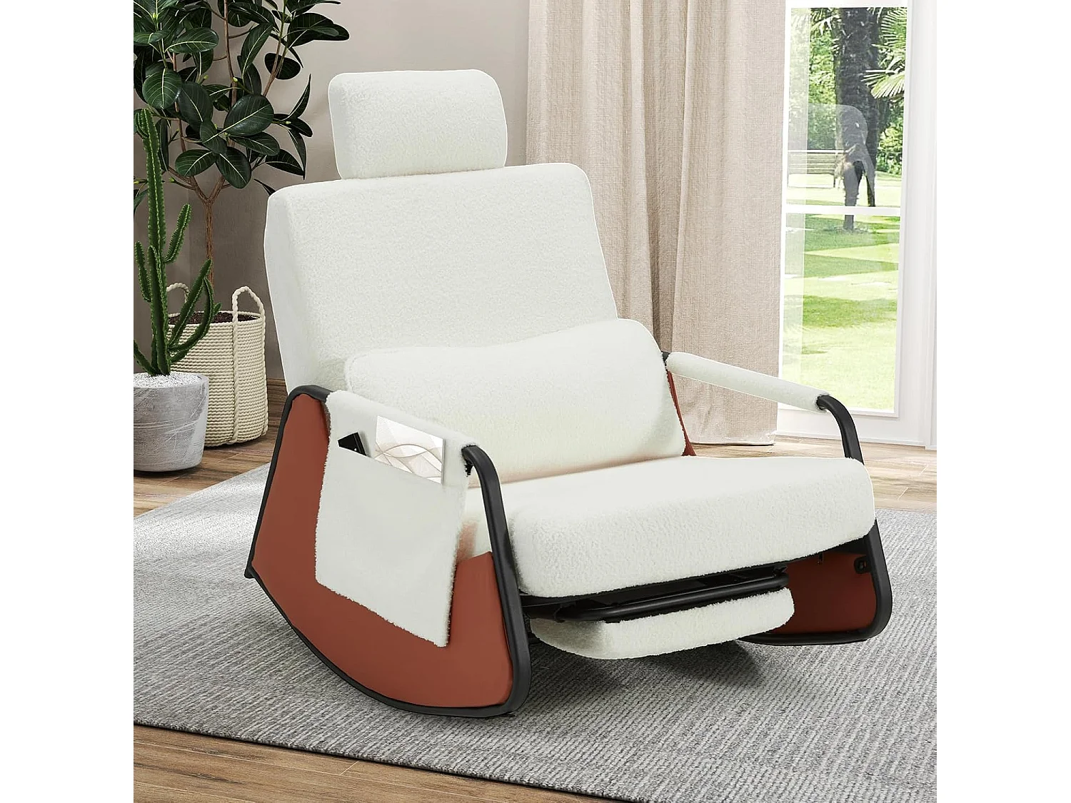 YODOLLA Fauteuil à Bascule, avec Repos-pieds Extensible, Dossier et Appui-tête Réglables, Poche Latérale pour Salon (Blanc)