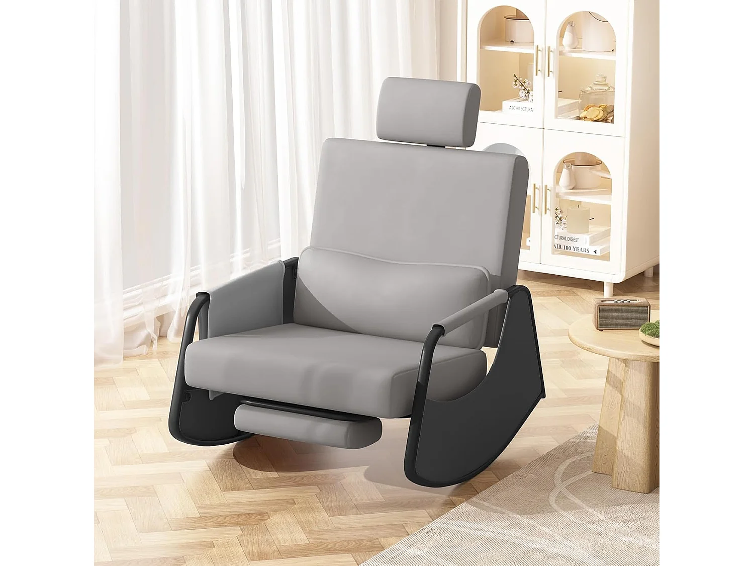 YODOLLA Fauteuil à Bascule, avec Repos-pieds Extensible, Dossier et Appui-tête Réglables, Poche Latérale pour Salon (Cuir, Gris)