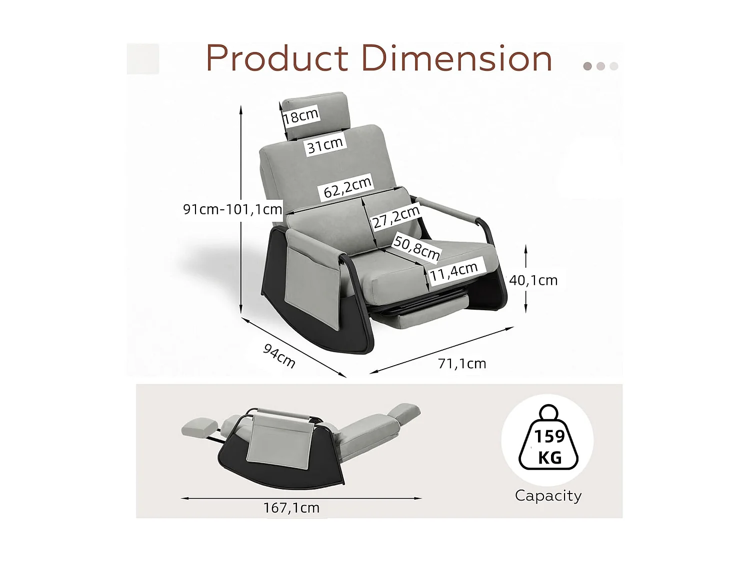YODOLLA Fauteuil à Bascule, avec Repos-pieds Extensible, Dossier et Appui-tête Réglables, Poche Latérale pour Salon (Cuir, Gris)