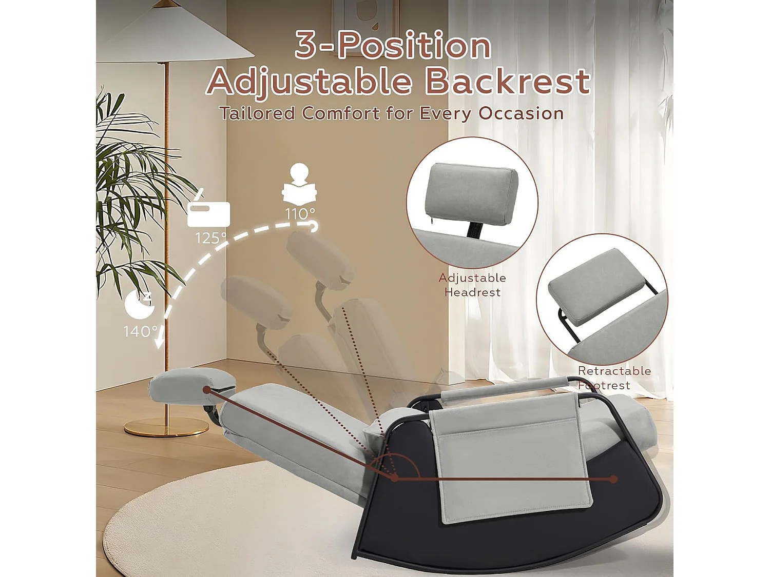 YODOLLA Fauteuil à Bascule, avec Repos-pieds Extensible, Dossier et Appui-tête Réglables, Poche Latérale pour Salon (Cuir, Gris)