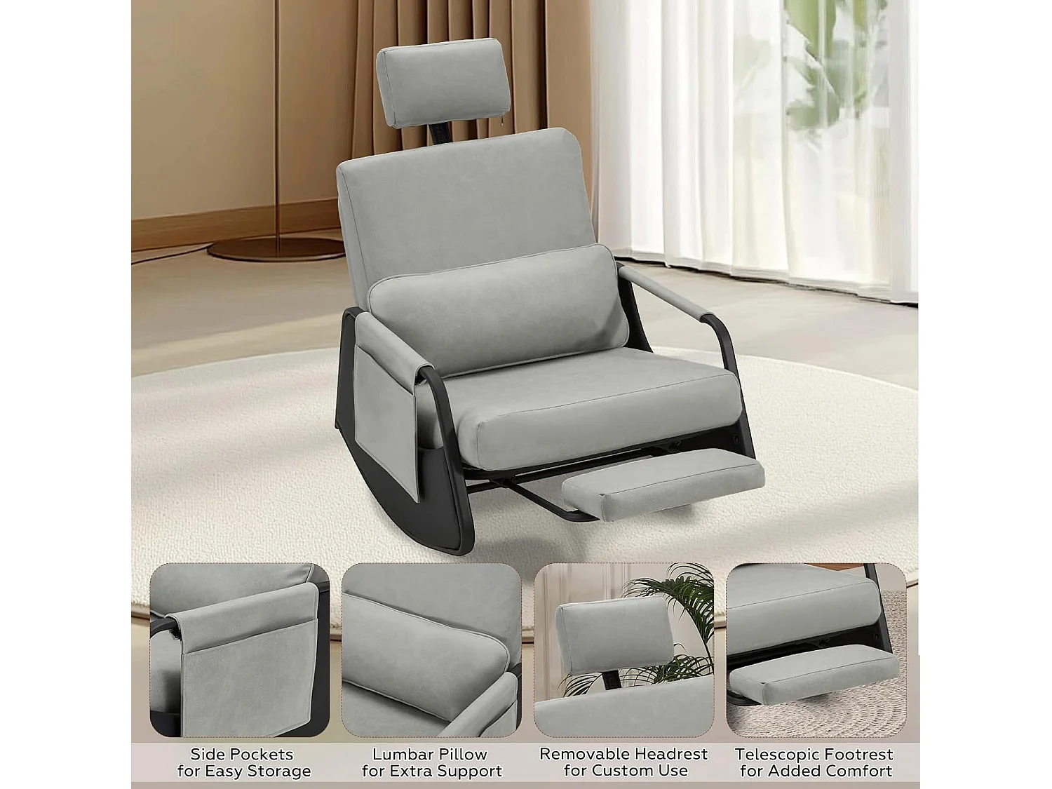 YODOLLA Fauteuil à Bascule, avec Repos-pieds Extensible, Dossier et Appui-tête Réglables, Poche Latérale pour Salon (Cuir, Gris)