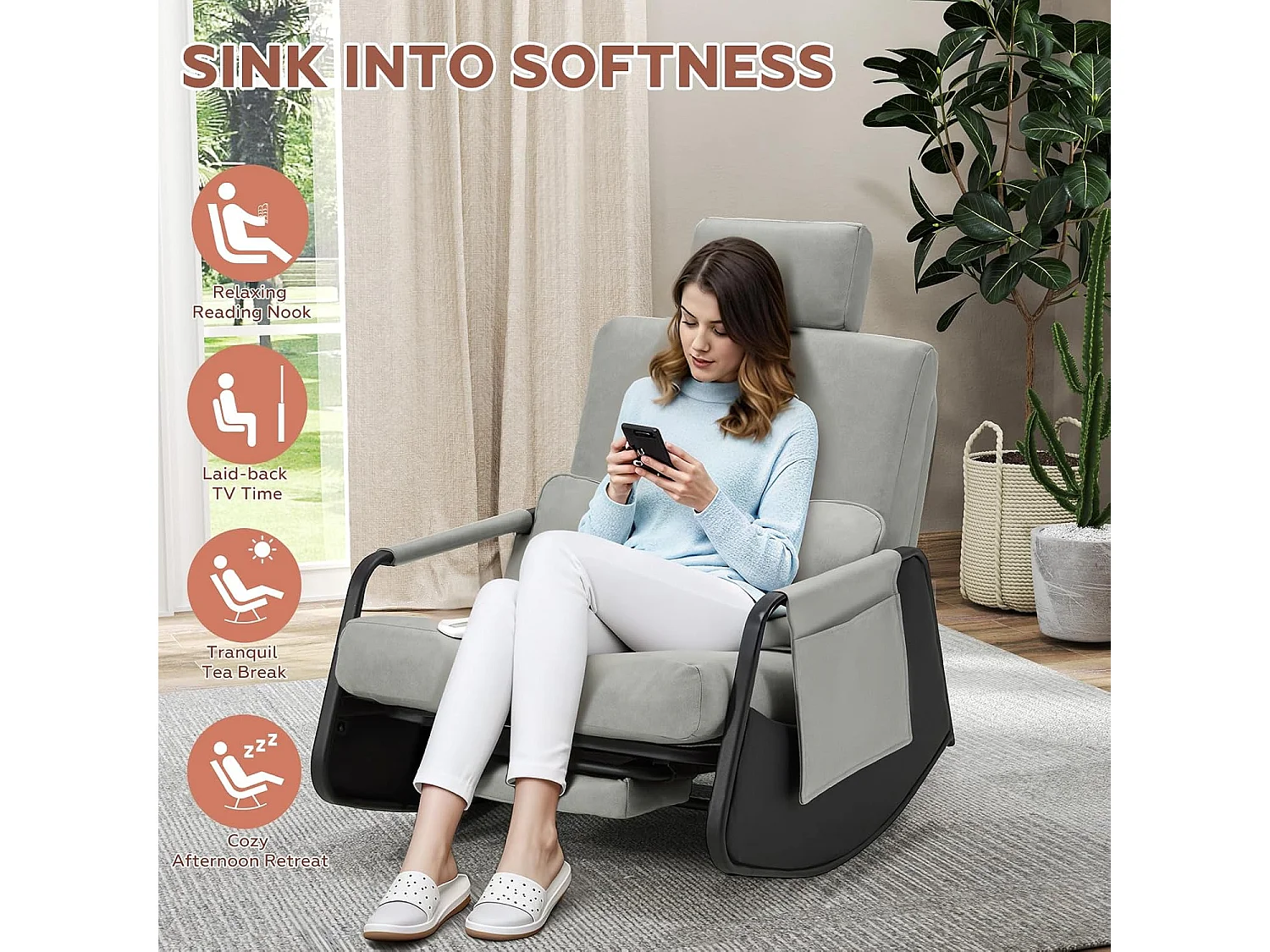 YODOLLA Fauteuil à Bascule, avec Repos-pieds Extensible, Dossier et Appui-tête Réglables, Poche Latérale pour Salon (Cuir, Gris)