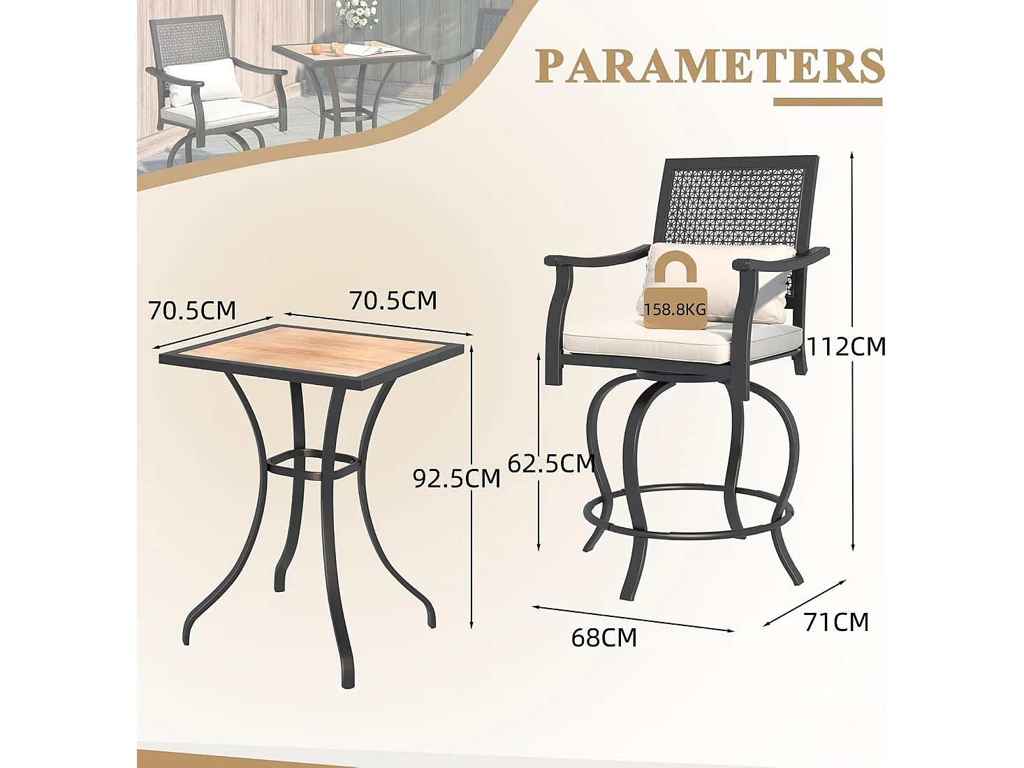 YODOLLA Ensemble de Bar Extérieur 3 pièces, 1 Table Haute + 2 Tabourets Hauts Rotatifs 360° en Métal pour Jardin & Patio, Noir