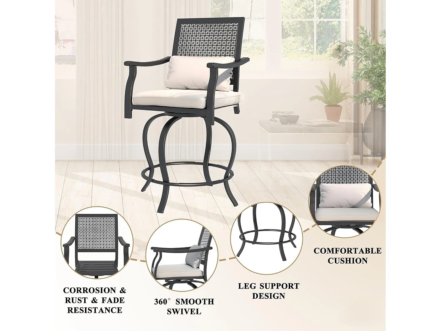 YODOLLA Ensemble de Bar Extérieur 3 pièces, 1 Table Haute + 2 Tabourets Hauts Rotatifs 360° en Métal pour Jardin & Patio, Noir