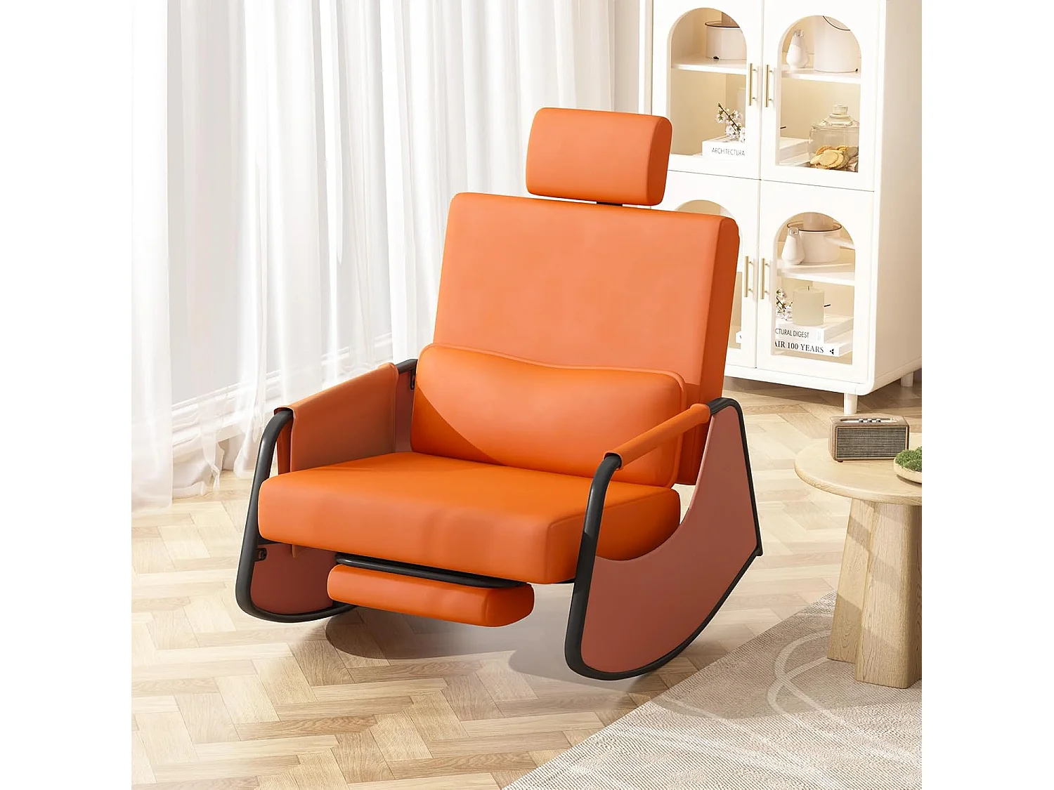 YODOLLA Fauteuil à Bascule, avec Repos-pieds Extensible, Dossier et Appui-tête Réglables, Poche Latérale pour Salon (Cuir, Orange)