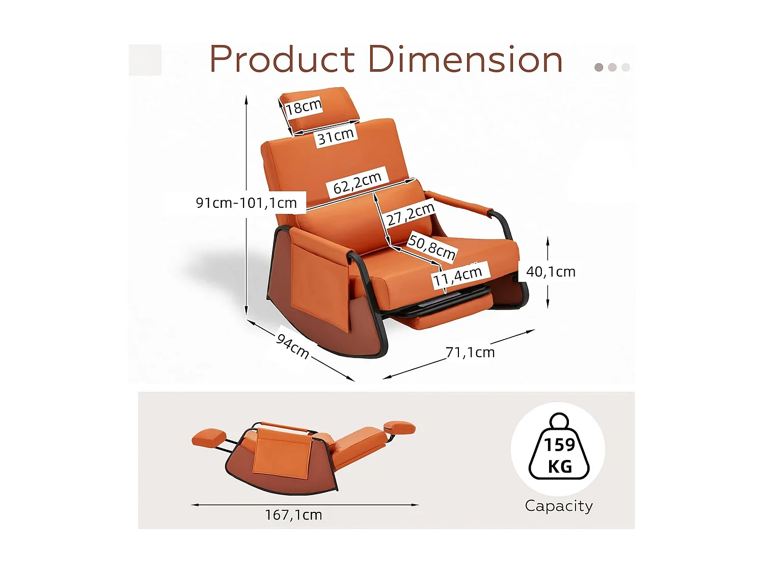 YODOLLA Fauteuil à Bascule, avec Repos-pieds Extensible, Dossier et Appui-tête Réglables, Poche Latérale pour Salon (Cuir, Orange)