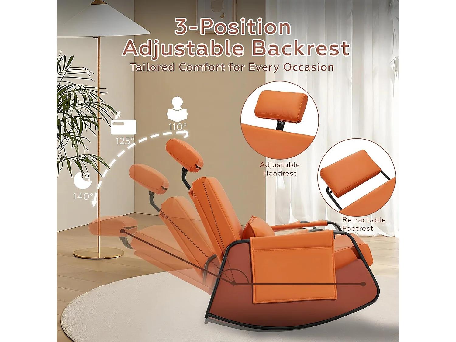 YODOLLA Fauteuil à Bascule, avec Repos-pieds Extensible, Dossier et Appui-tête Réglables, Poche Latérale pour Salon (Cuir, Orange)