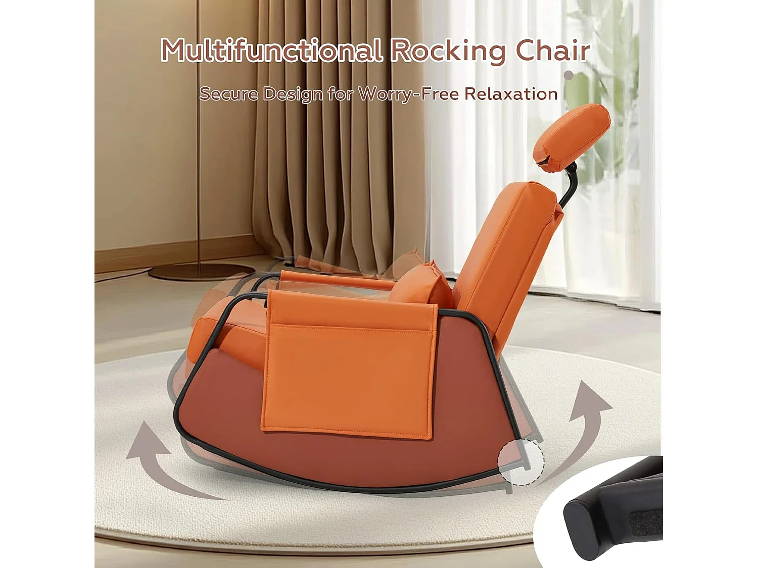 YODOLLA Fauteuil à Bascule, avec Repos-pieds Extensible, Dossier et Appui-tête Réglables, Poche Latérale pour Salon (Cuir, Orange)