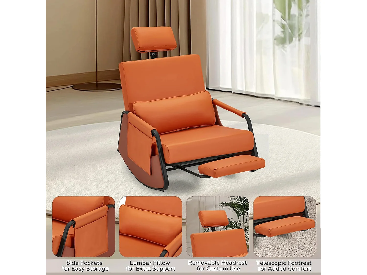 YODOLLA Fauteuil à Bascule, avec Repos-pieds Extensible, Dossier et Appui-tête Réglables, Poche Latérale pour Salon (Cuir, Orange)