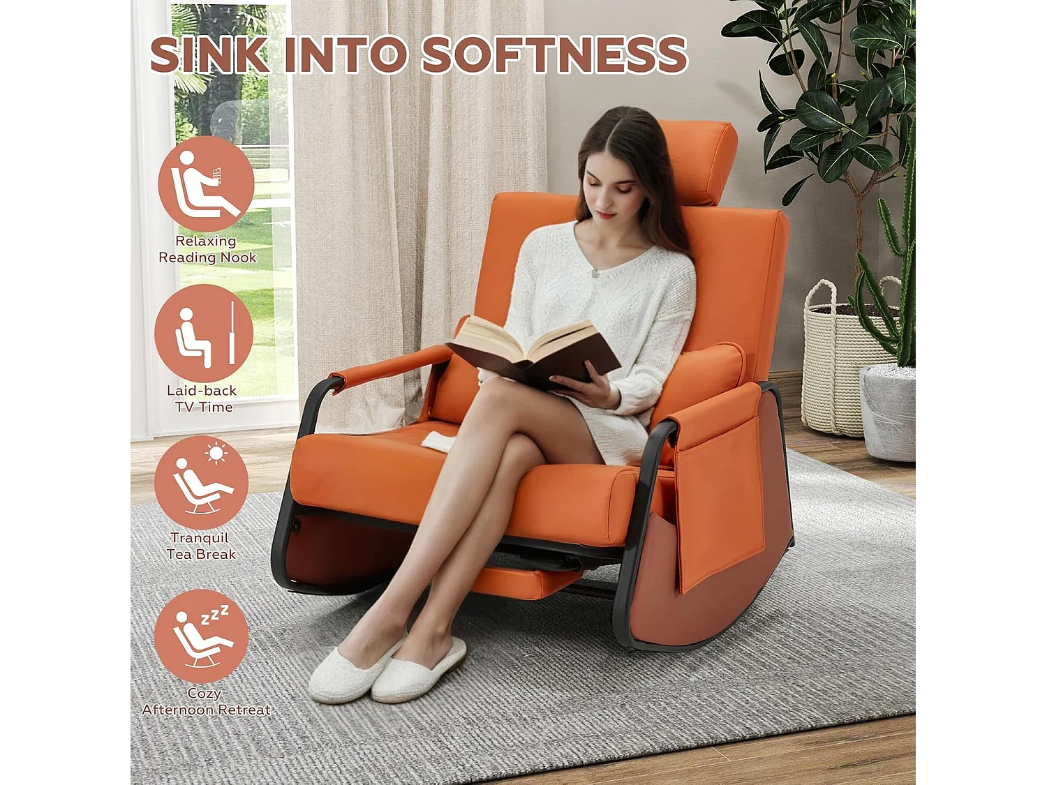 YODOLLA Fauteuil à Bascule, avec Repos-pieds Extensible, Dossier et Appui-tête Réglables, Poche Latérale pour Salon (Cuir, Orange)