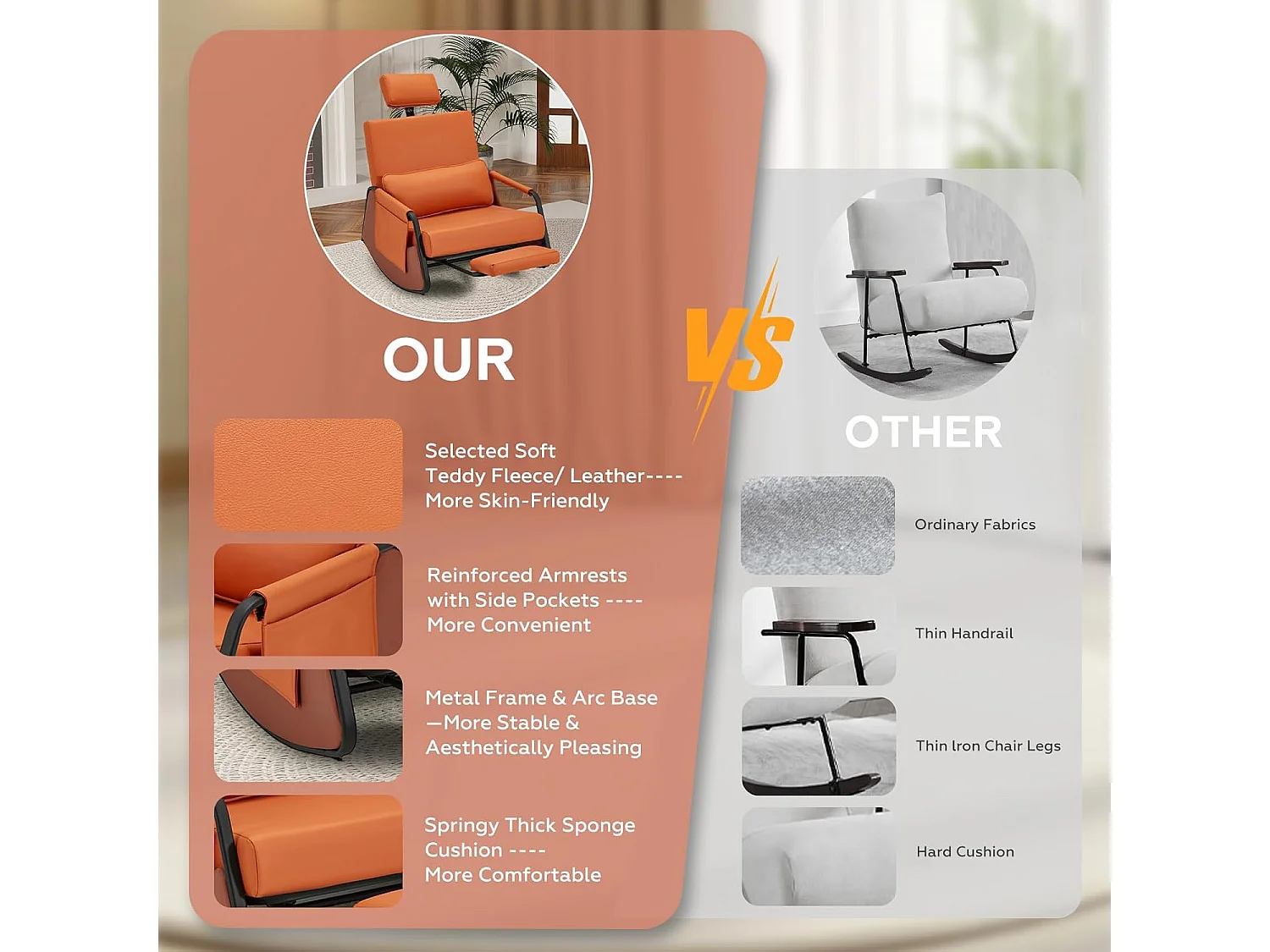 YODOLLA Fauteuil à Bascule, avec Repos-pieds Extensible, Dossier et Appui-tête Réglables, Poche Latérale pour Salon (Cuir, Orange)