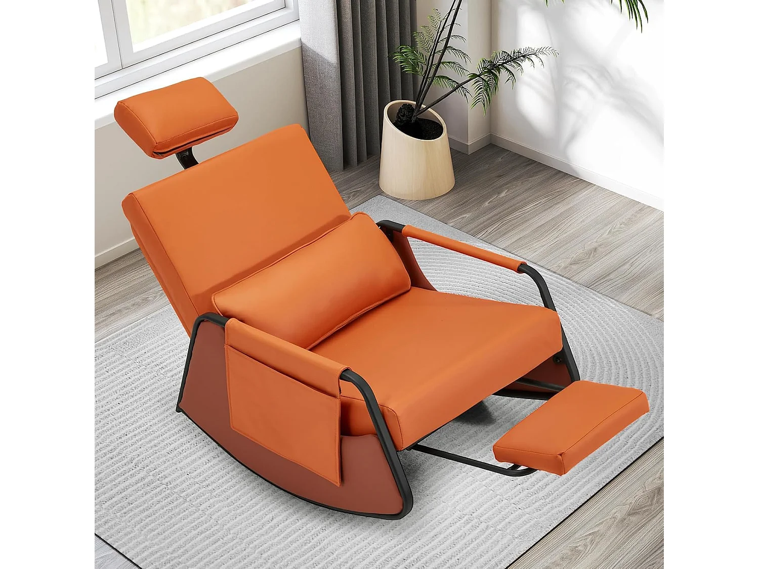 YODOLLA Fauteuil à Bascule, avec Repos-pieds Extensible, Dossier et Appui-tête Réglables, Poche Latérale pour Salon (Cuir, Orange)