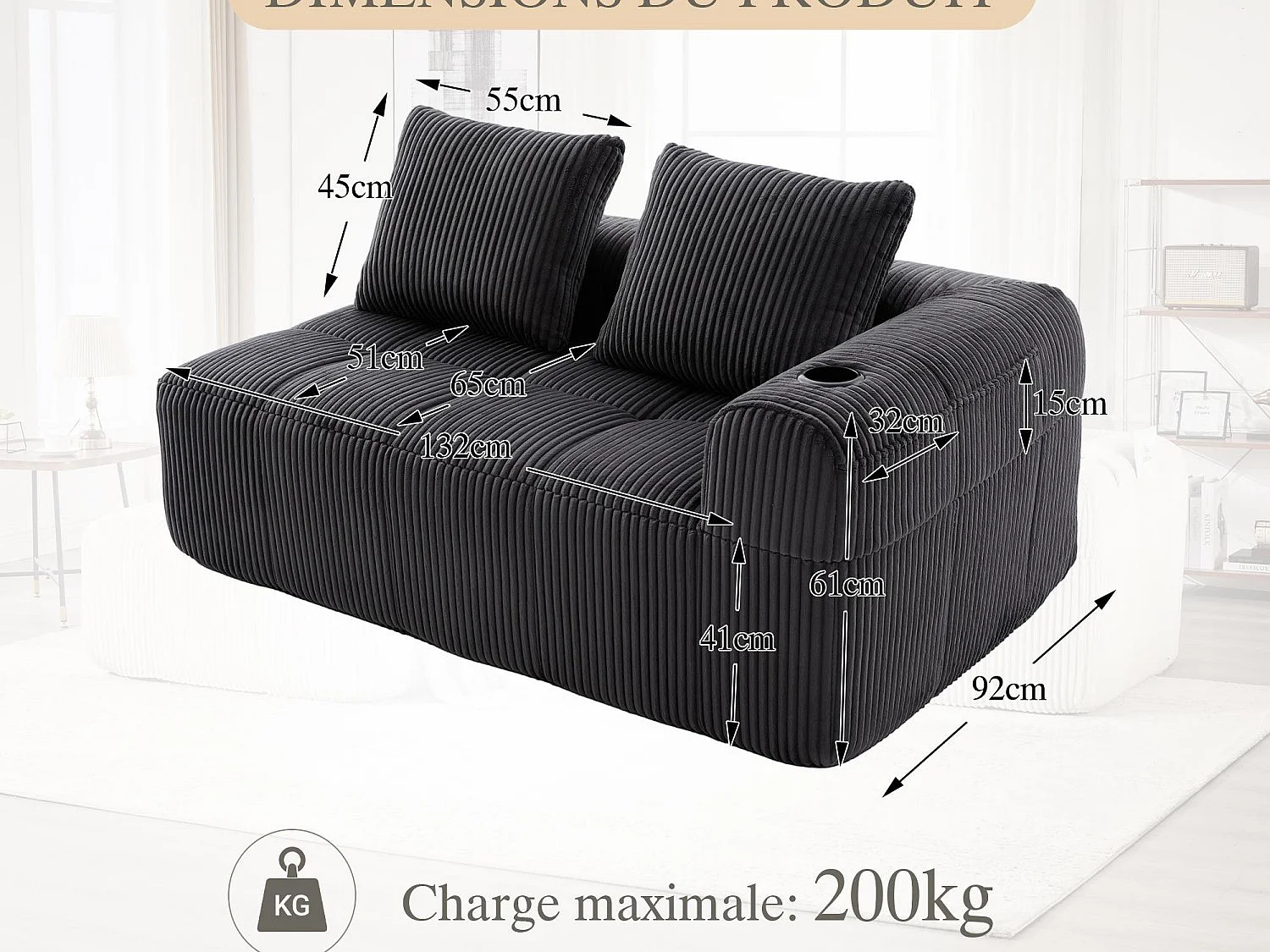 Nube - Canapé 2 Places en Velours Côtelé - Mousse Haute Densité, Rangement & Porte-Gobelets – Idéale pour Salon, Studio et Petits Espaces