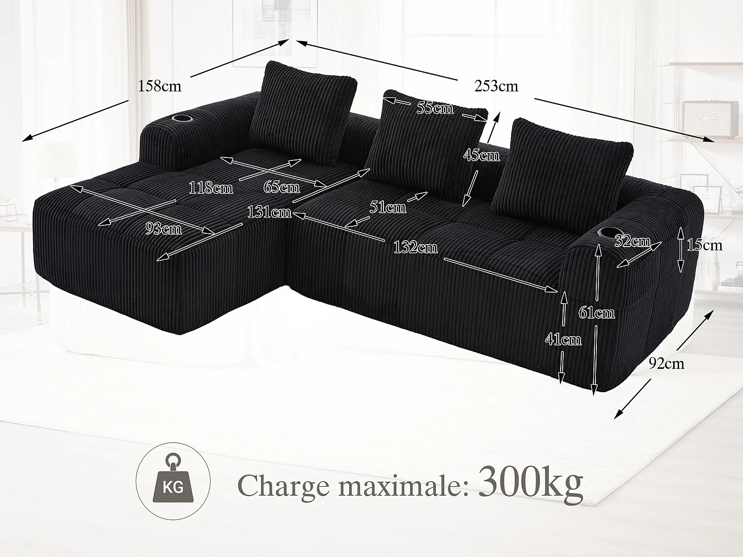 Nube - Ensemble Canapé Modulable en Velours Côtelé - Méridienne & 2 Places - Pour Salon, Bureau, Chambre