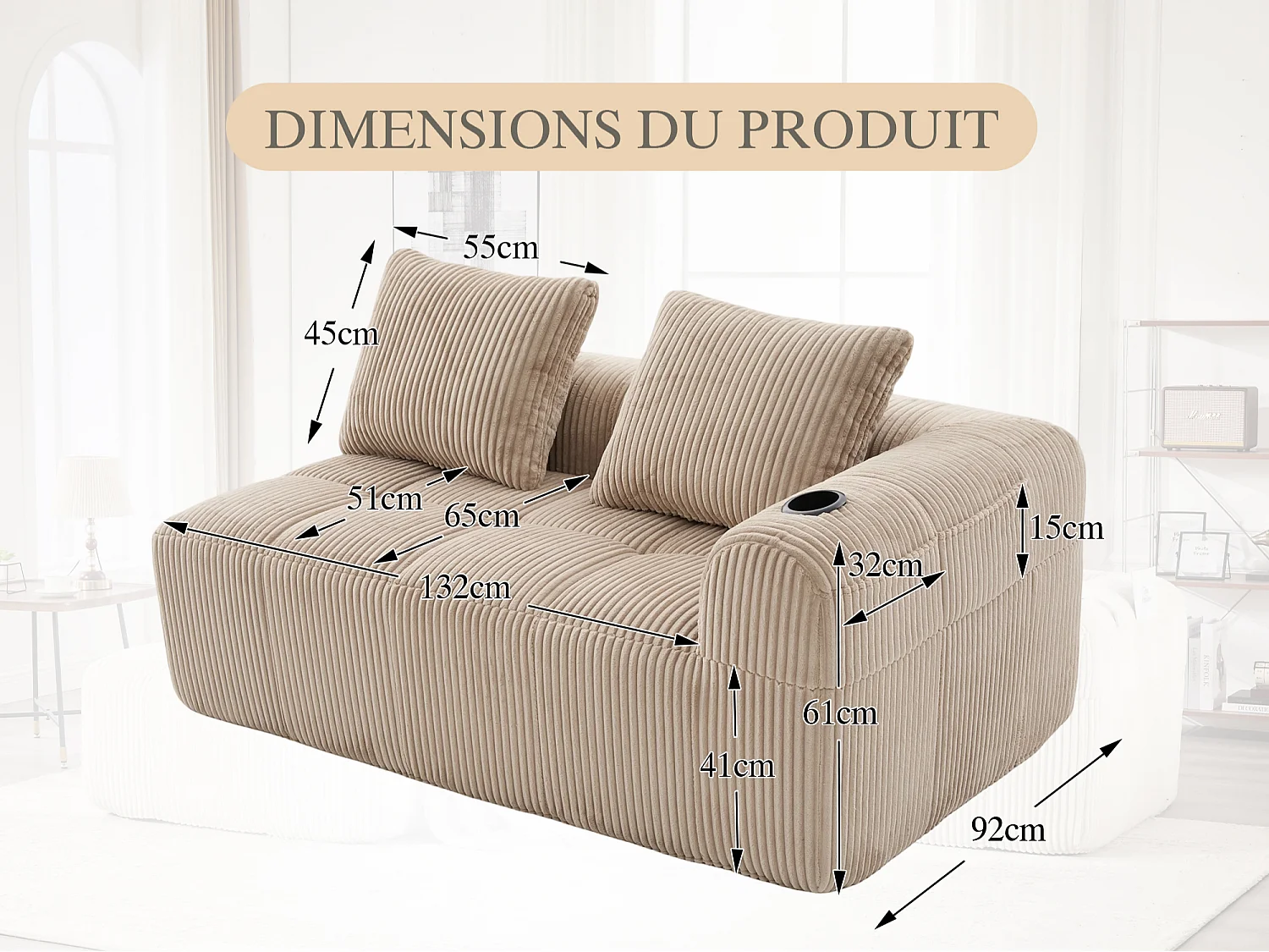 Nube - Canapé 2 Places en Velours Côtelé - Mousse Haute Densité, Rangement & Porte-Gobelets – Idéale pour Salon, Studio et Petits Espaces