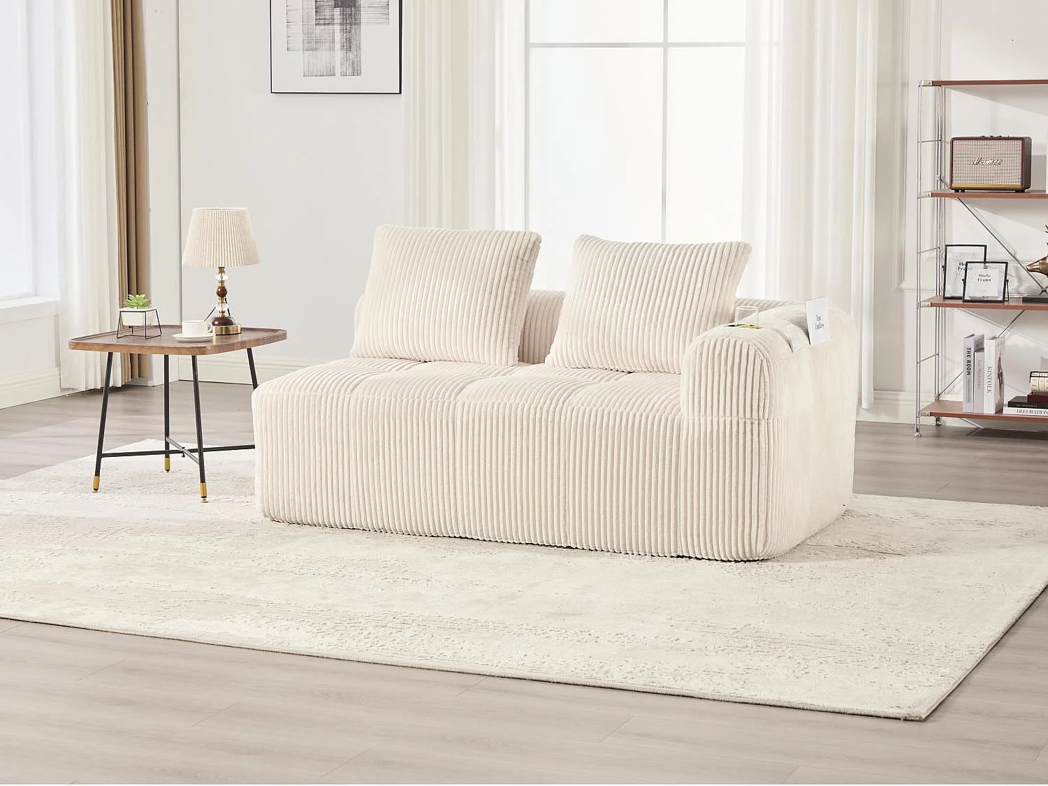 Nube - Canapé 2 Places en Velours Côtelé - Mousse Haute Densité, Rangement & Porte-Gobelets – Idéale pour Salon, Studio et Petits Espaces