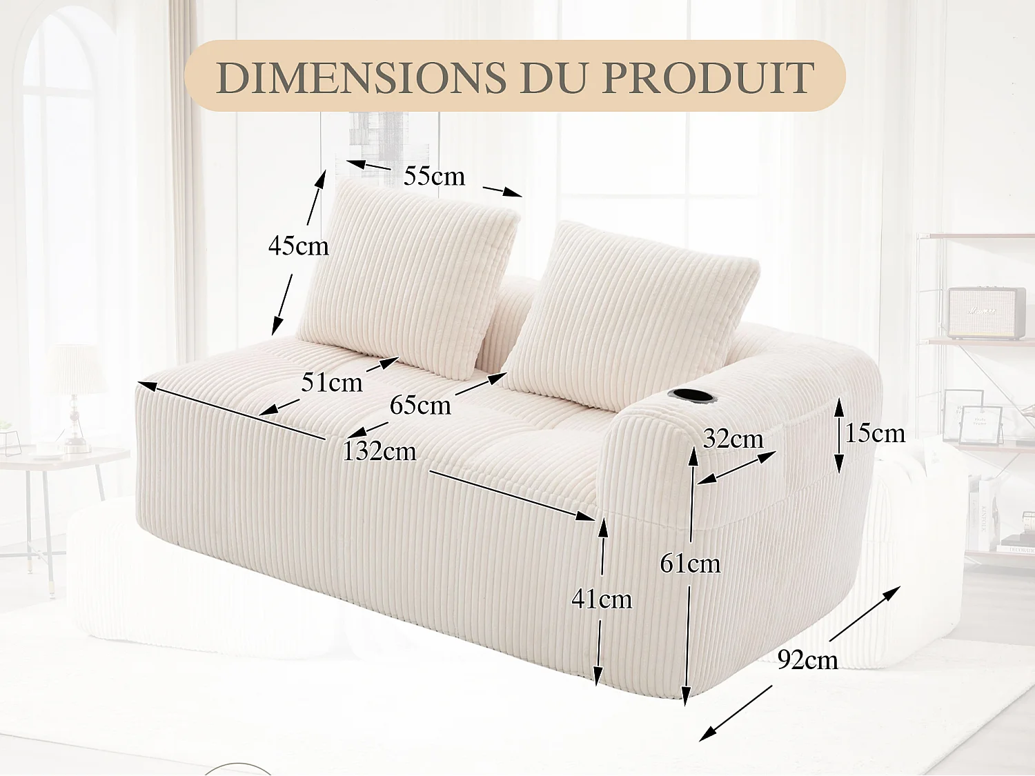 Nube - Canapé 2 Places en Velours Côtelé - Mousse Haute Densité, Rangement & Porte-Gobelets – Idéale pour Salon, Studio et Petits Espaces