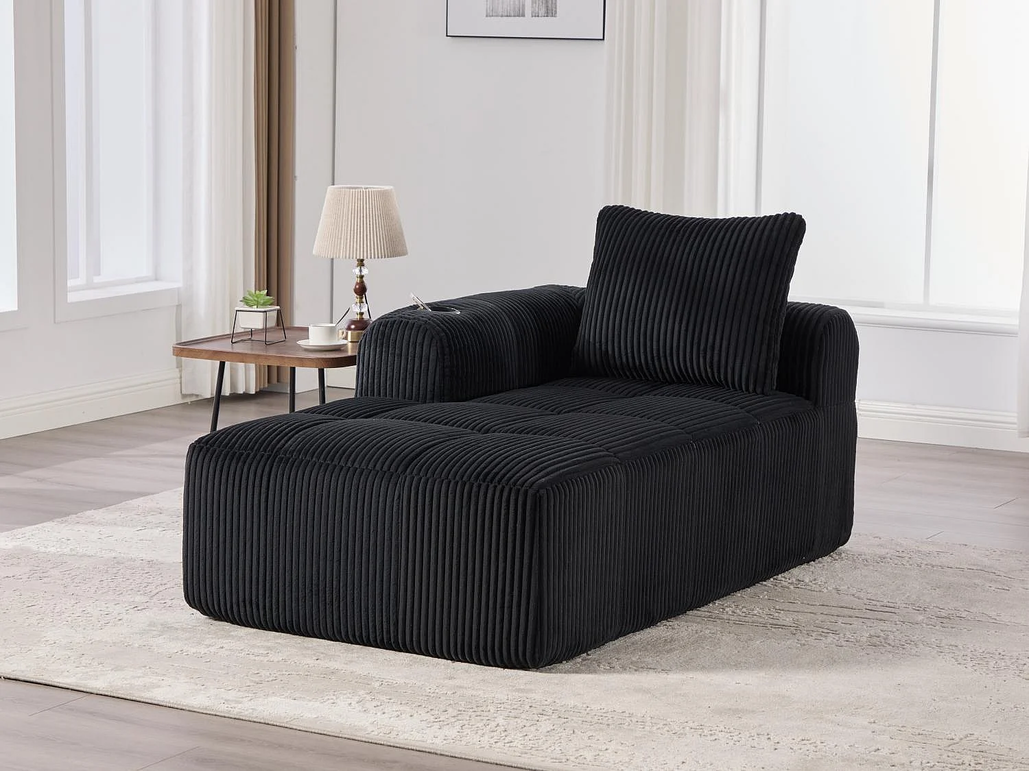 Nube - Méridienne en Velours Côtelé - Mousse Haute Densité, Rangement & Porte-Gobelets – Idéale pour Salon, Studio et Petits Espaces
