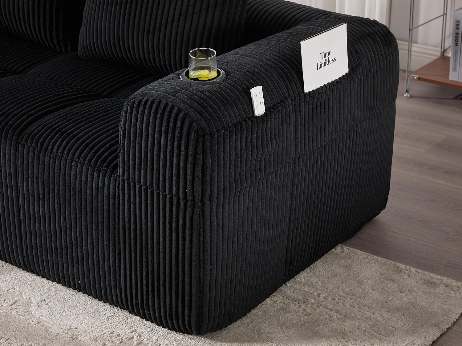 Nube - Méridienne en Velours Côtelé - Mousse Haute Densité, Rangement & Porte-Gobelets – Idéale pour Salon, Studio et Petits Espaces