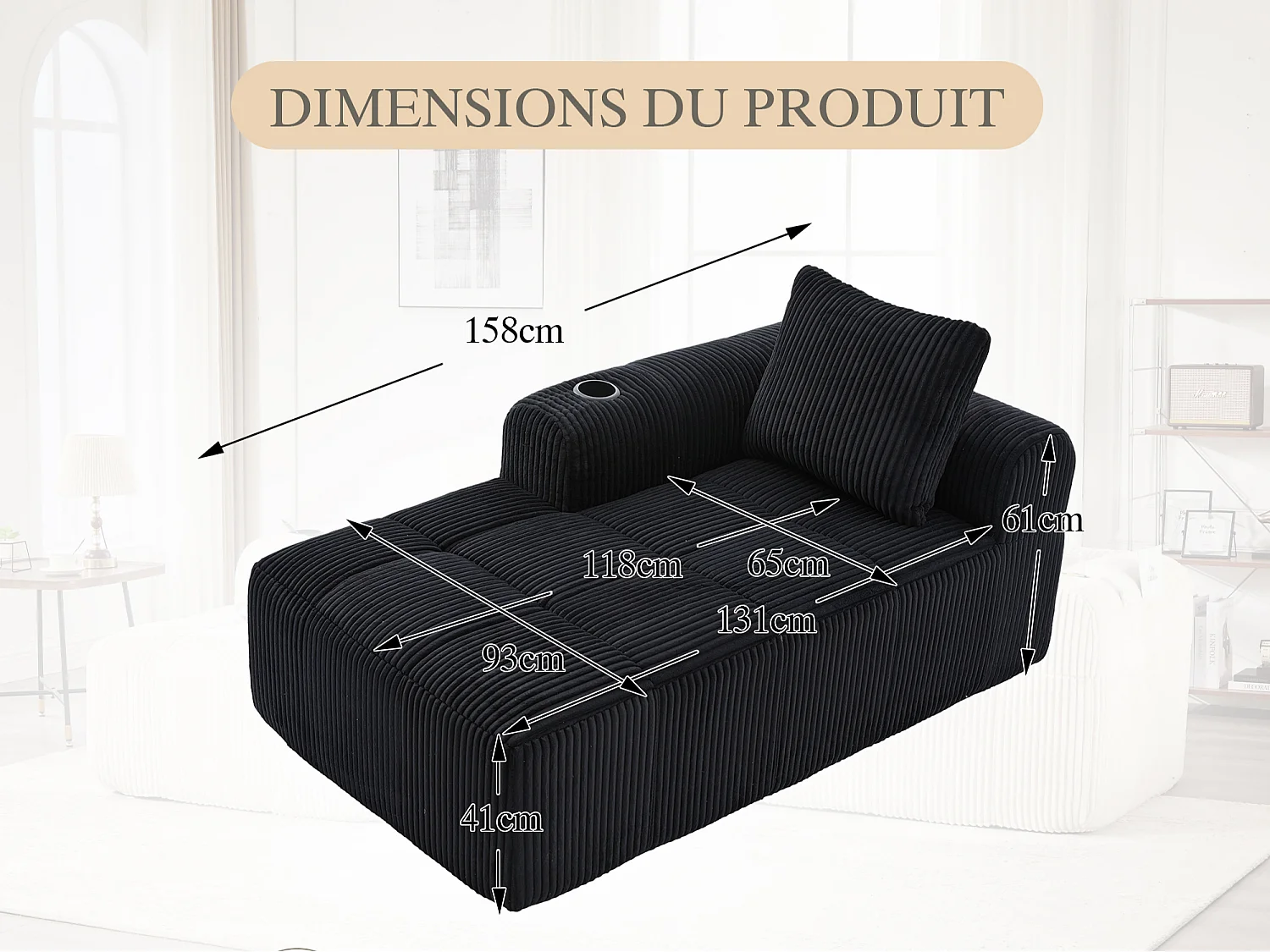 Nube - Méridienne en Velours Côtelé - Mousse Haute Densité, Rangement & Porte-Gobelets – Idéale pour Salon, Studio et Petits Espaces