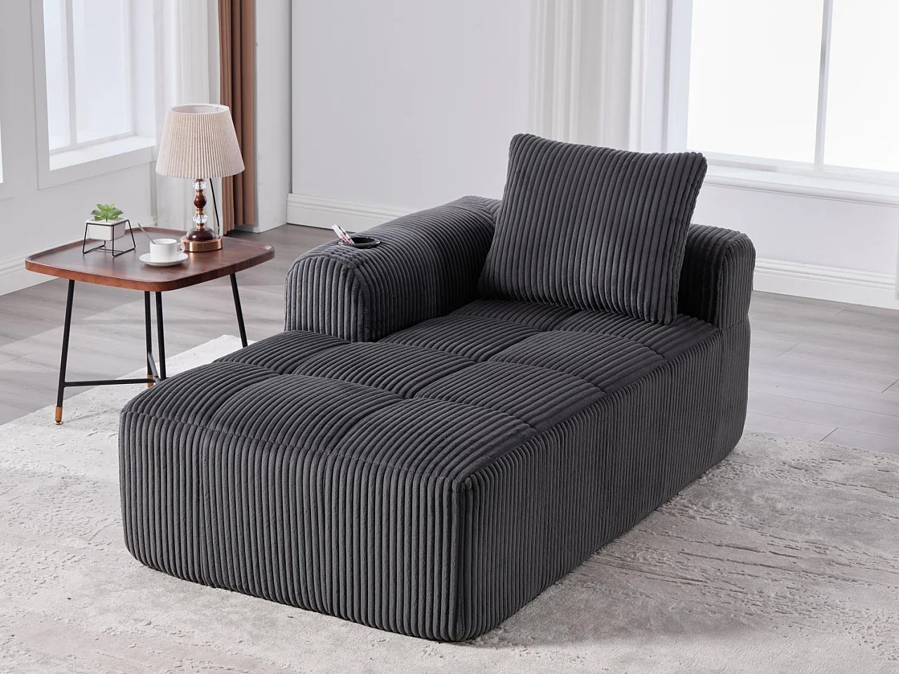Nube - Méridienne en Velours Côtelé - Mousse Haute Densité, Rangement & Porte-Gobelets – Idéale pour Salon, Studio et Petits Espaces