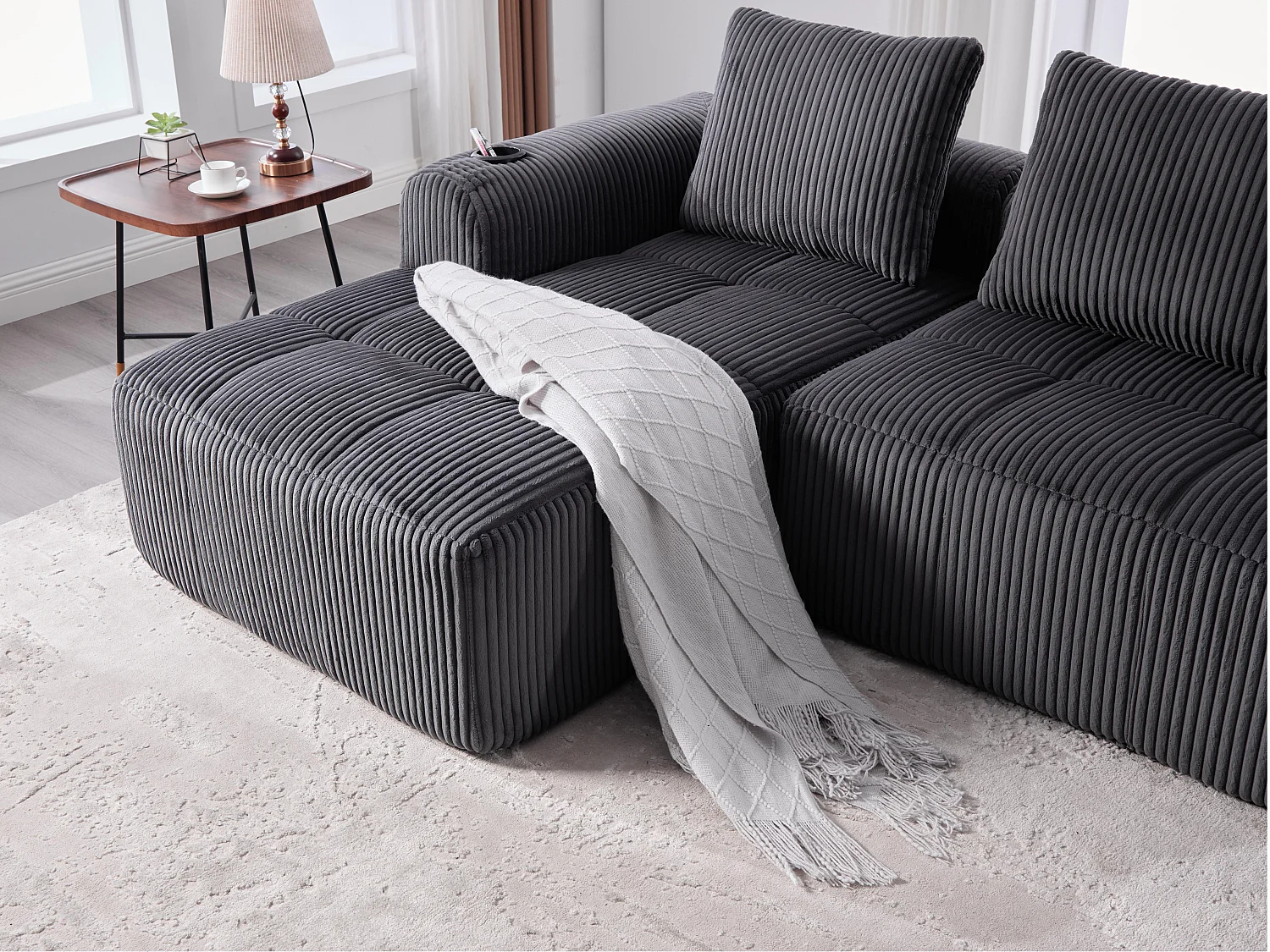 Nube - Méridienne en Velours Côtelé - Mousse Haute Densité, Rangement & Porte-Gobelets – Idéale pour Salon, Studio et Petits Espaces