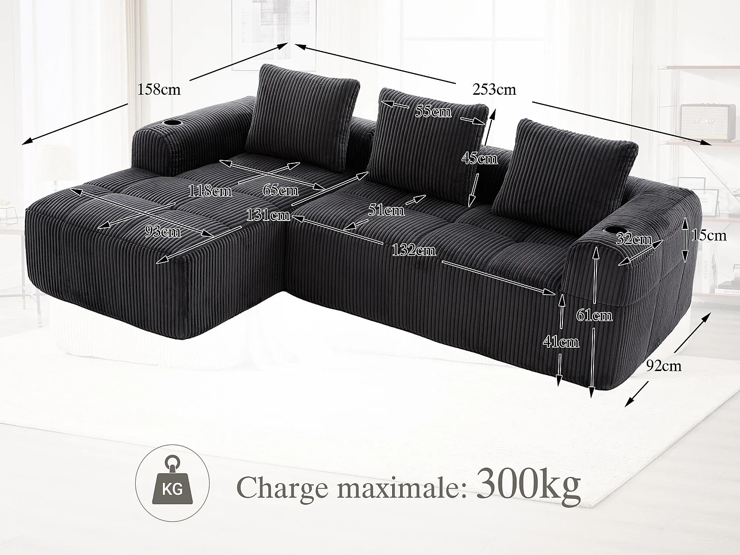 Nube - Méridienne en Velours Côtelé - Mousse Haute Densité, Rangement & Porte-Gobelets – Idéale pour Salon, Studio et Petits Espaces