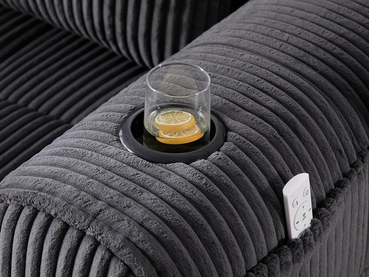 Nube - Méridienne en Velours Côtelé - Mousse Haute Densité, Rangement & Porte-Gobelets – Idéale pour Salon, Studio et Petits Espaces
