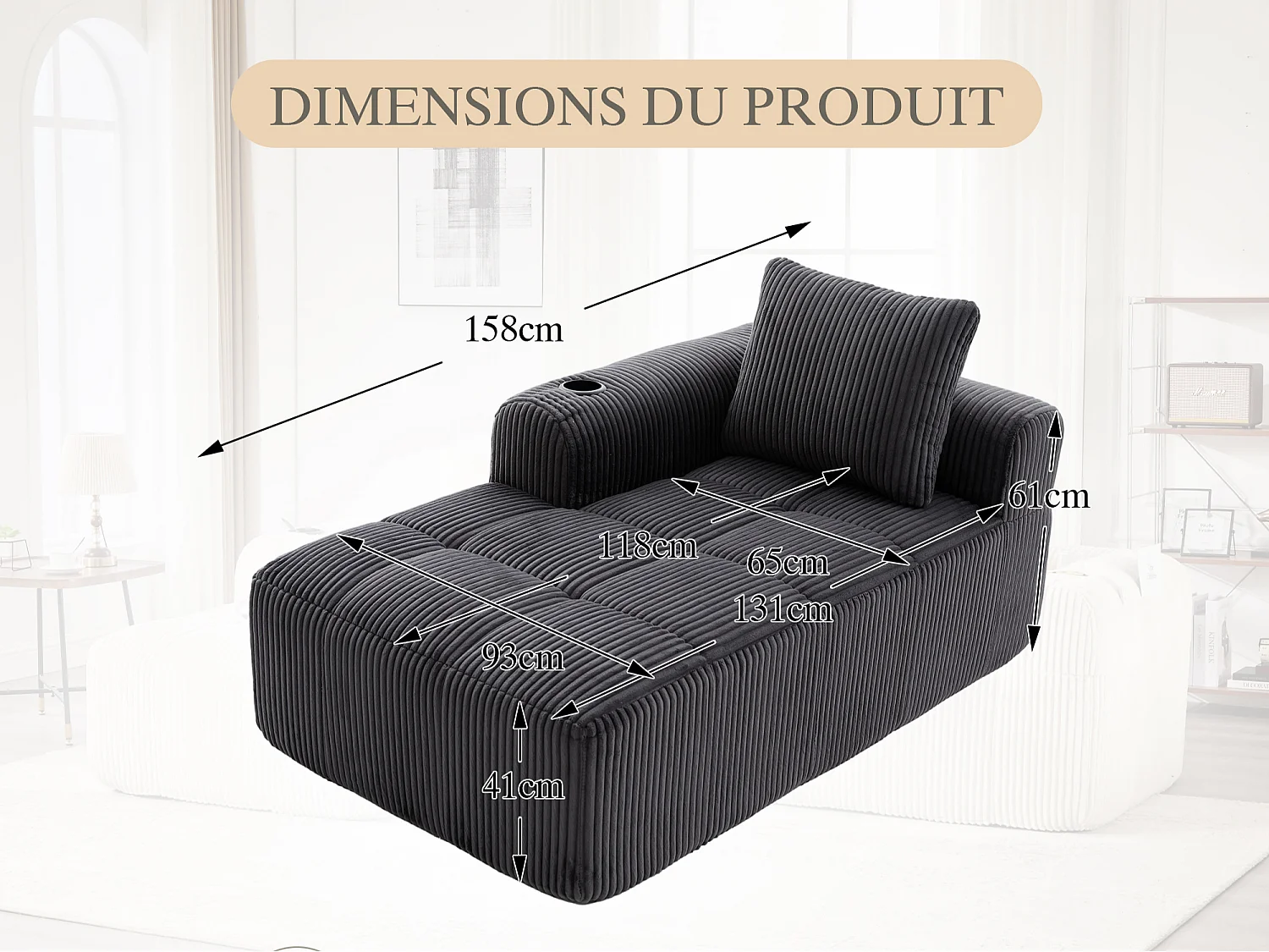Nube - Méridienne en Velours Côtelé - Mousse Haute Densité, Rangement & Porte-Gobelets – Idéale pour Salon, Studio et Petits Espaces