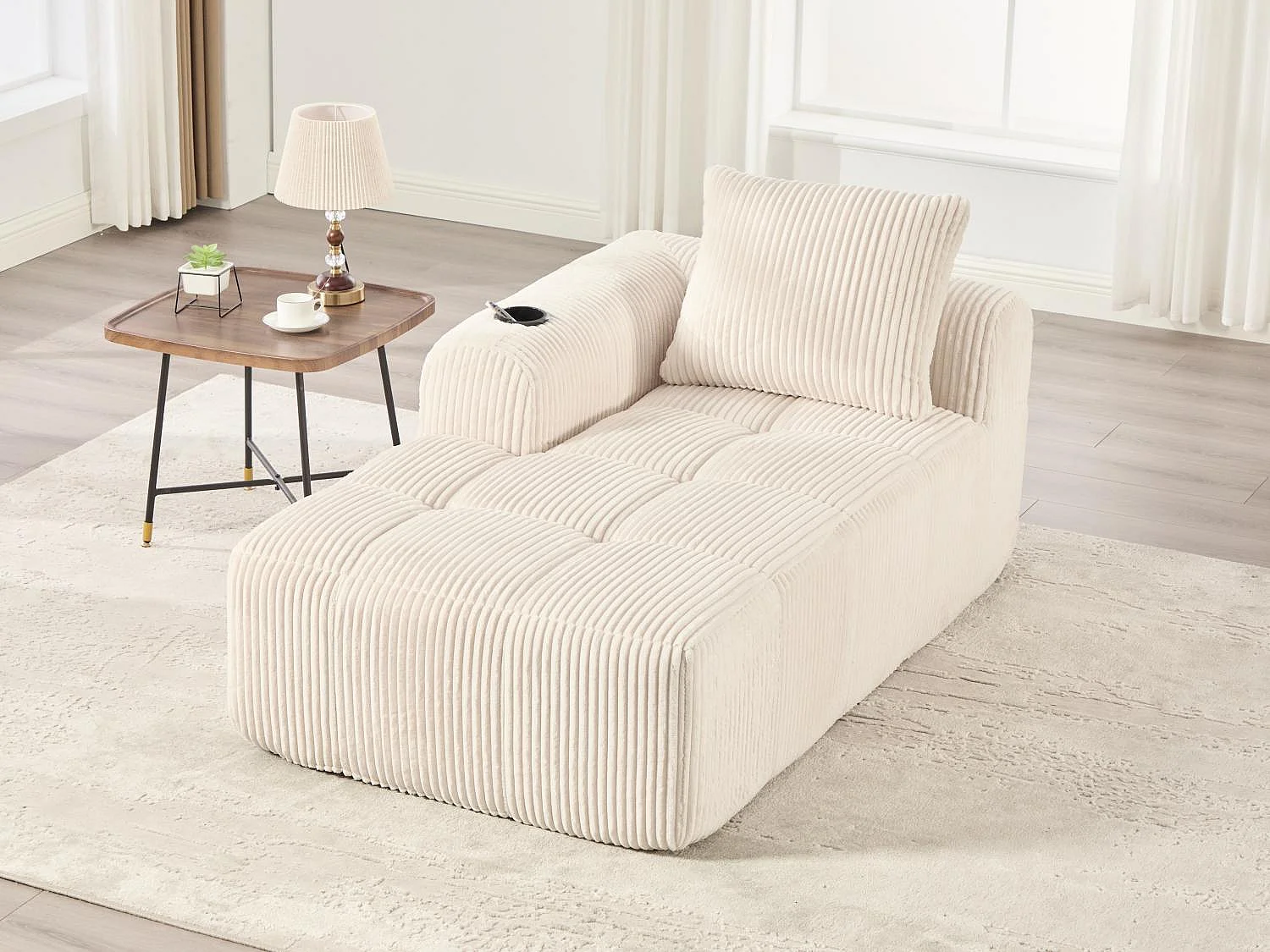 Nube - Méridienne en Velours Côtelé - Mousse Haute Densité, Rangement & Porte-Gobelets – Idéale pour Salon, Studio et Petits Espaces