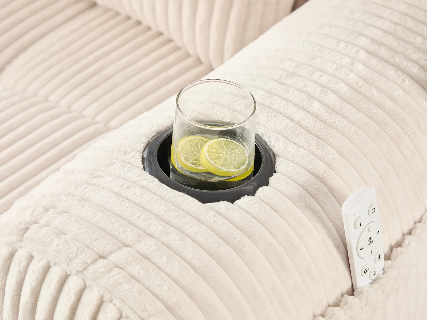 Nube - Méridienne en Velours Côtelé - Mousse Haute Densité, Rangement & Porte-Gobelets – Idéale pour Salon, Studio et Petits Espaces