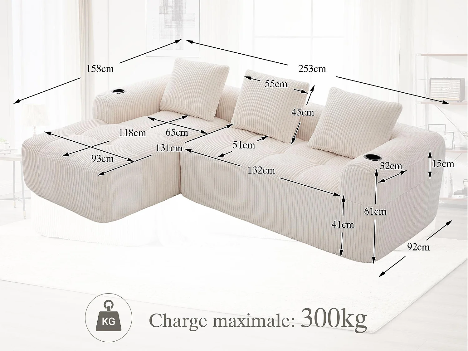 Nube - Méridienne en Velours Côtelé - Mousse Haute Densité, Rangement & Porte-Gobelets – Idéale pour Salon, Studio et Petits Espaces