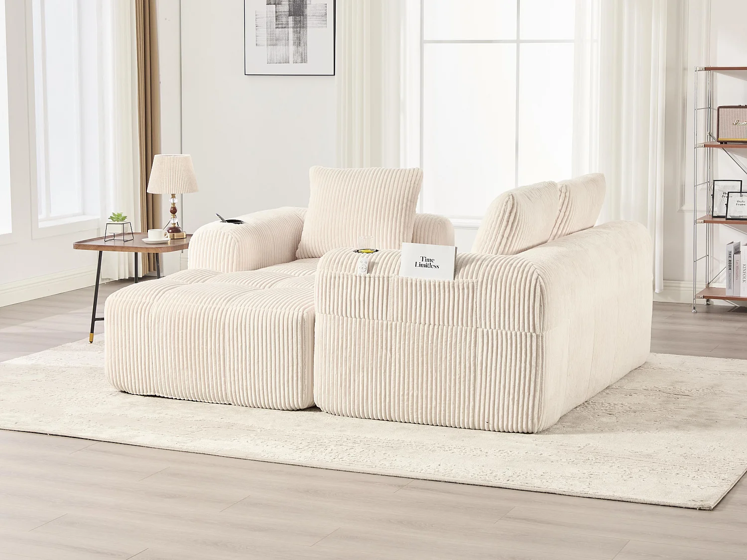 Nube - Méridienne en Velours Côtelé - Mousse Haute Densité, Rangement & Porte-Gobelets – Idéale pour Salon, Studio et Petits Espaces