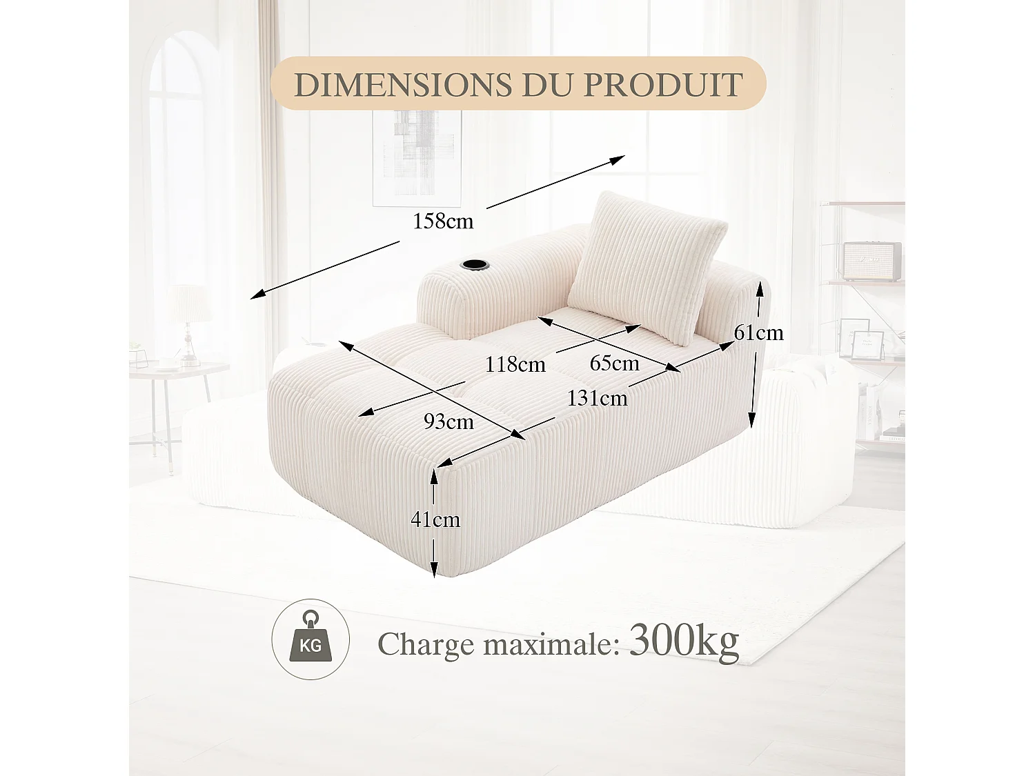 Nube - Méridienne en Velours Côtelé - Mousse Haute Densité, Rangement & Porte-Gobelets – Idéale pour Salon, Studio et Petits Espaces