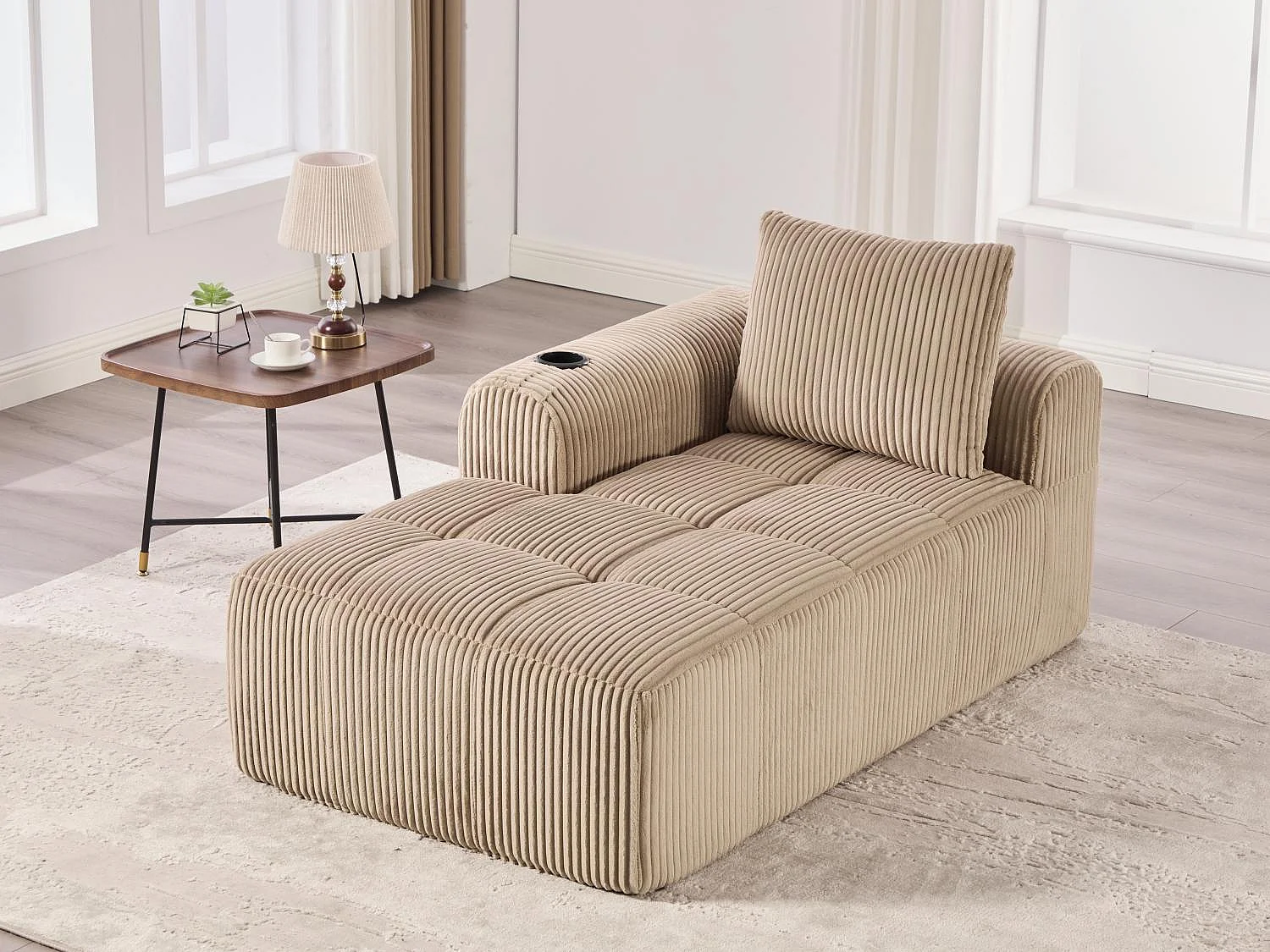 Nube - Méridienne en Velours Côtelé - Mousse Haute Densité, Rangement & Porte-Gobelets – Idéale pour Salon, Studio et Petits Espaces