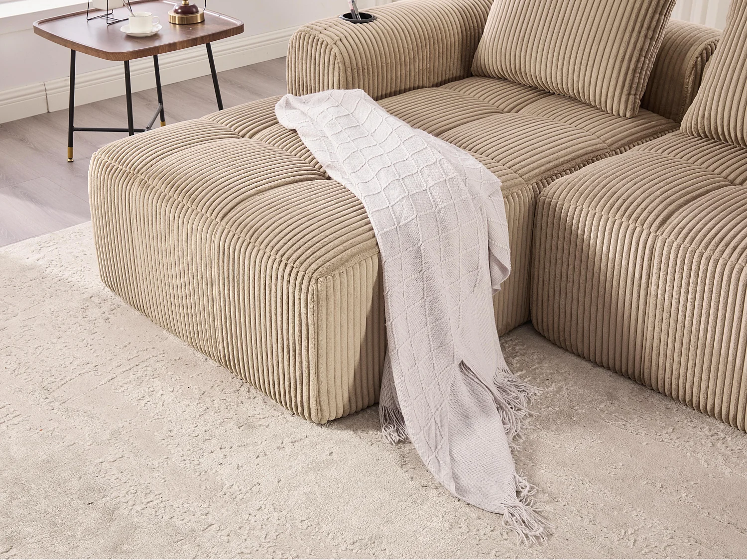 Nube - Méridienne en Velours Côtelé - Mousse Haute Densité, Rangement & Porte-Gobelets – Idéale pour Salon, Studio et Petits Espaces