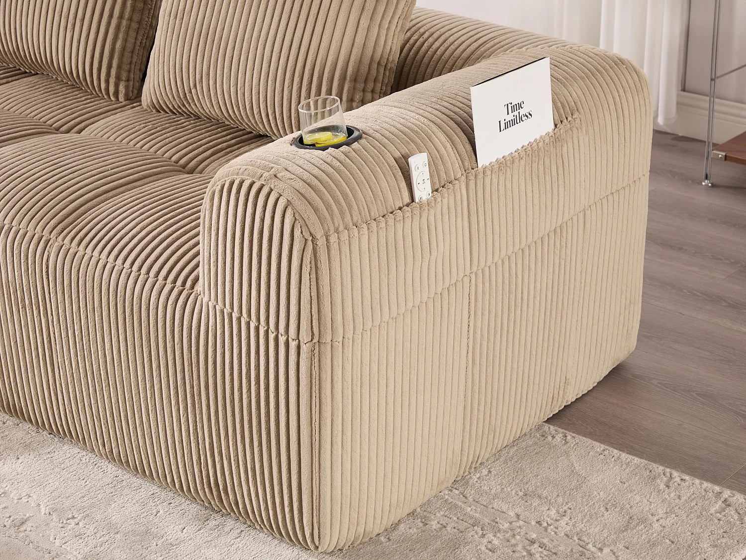 Nube - Méridienne en Velours Côtelé - Mousse Haute Densité, Rangement & Porte-Gobelets – Idéale pour Salon, Studio et Petits Espaces