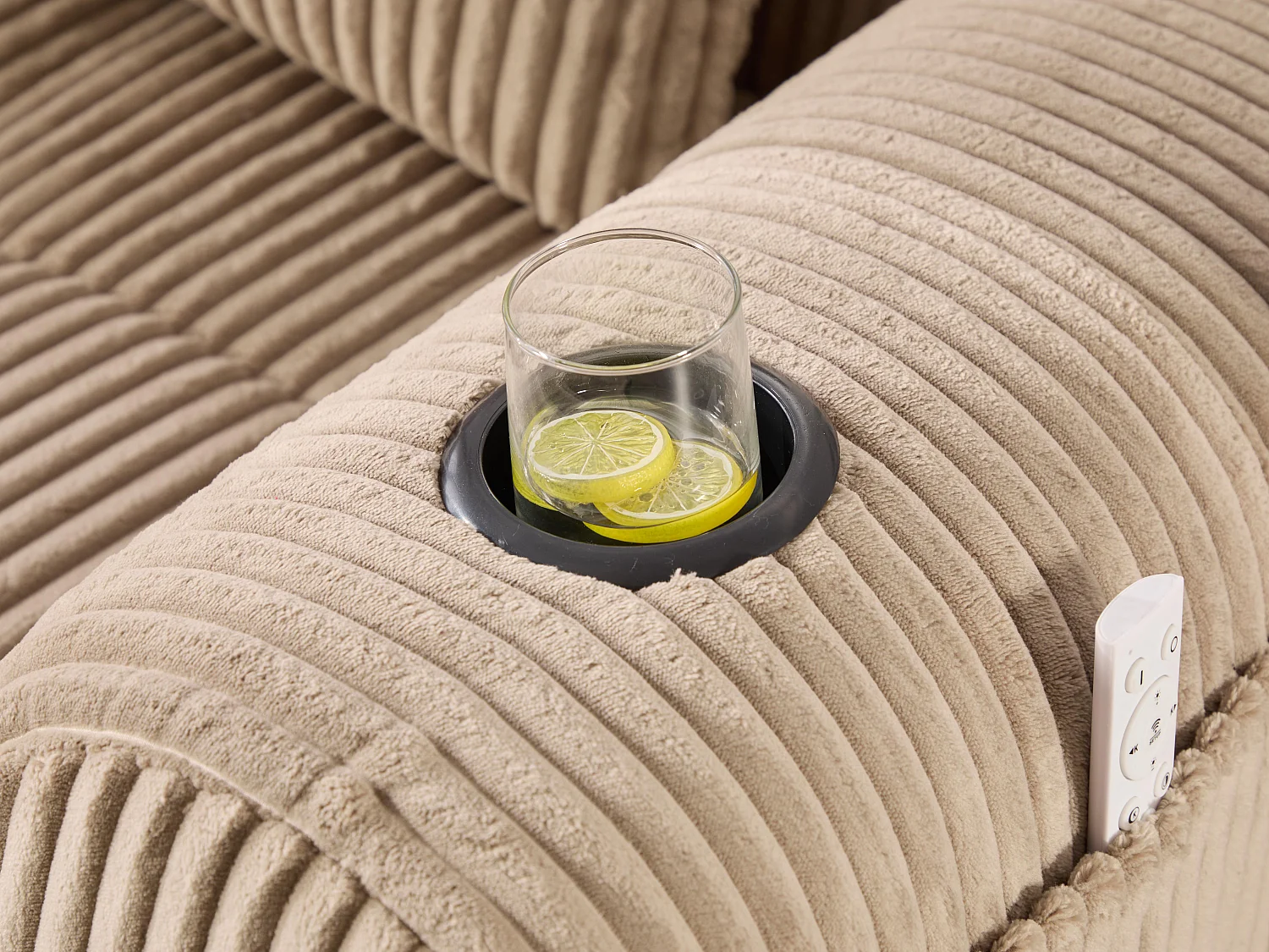 Nube - Méridienne en Velours Côtelé - Mousse Haute Densité, Rangement & Porte-Gobelets – Idéale pour Salon, Studio et Petits Espaces