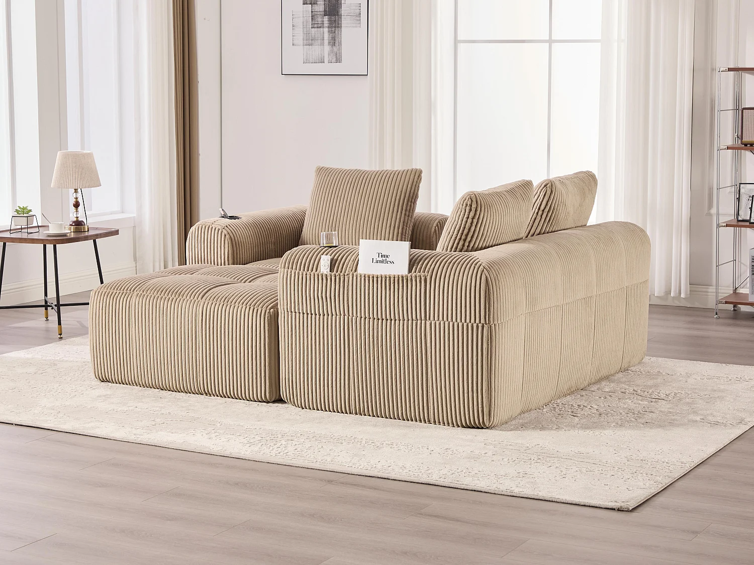 Nube - Méridienne en Velours Côtelé - Mousse Haute Densité, Rangement & Porte-Gobelets – Idéale pour Salon, Studio et Petits Espaces