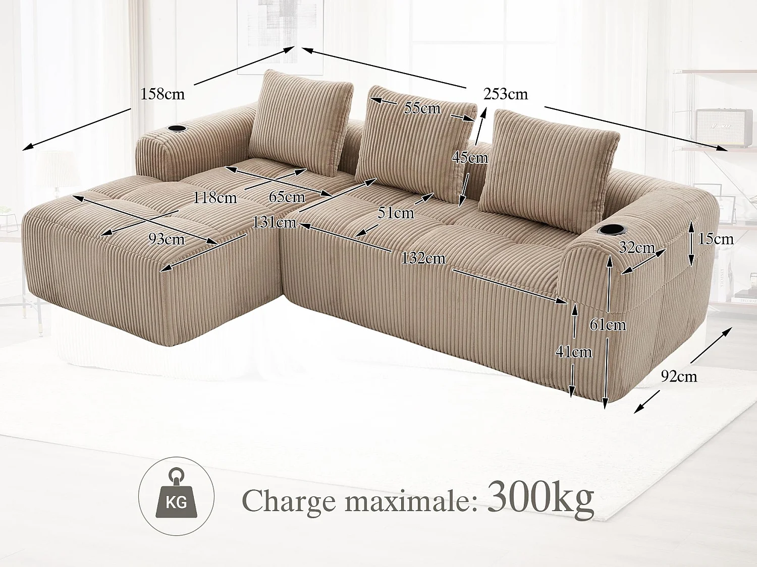 Nube - Méridienne en Velours Côtelé - Mousse Haute Densité, Rangement & Porte-Gobelets – Idéale pour Salon, Studio et Petits Espaces