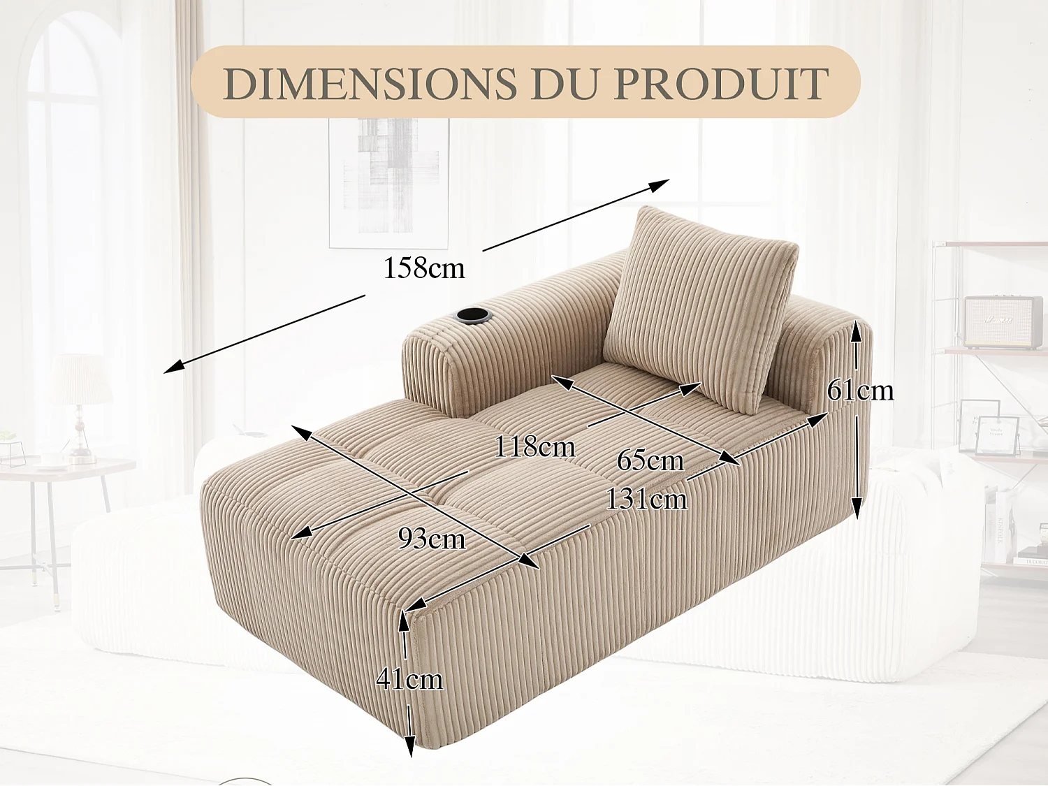 Nube - Méridienne en Velours Côtelé - Mousse Haute Densité, Rangement & Porte-Gobelets – Idéale pour Salon, Studio et Petits Espaces