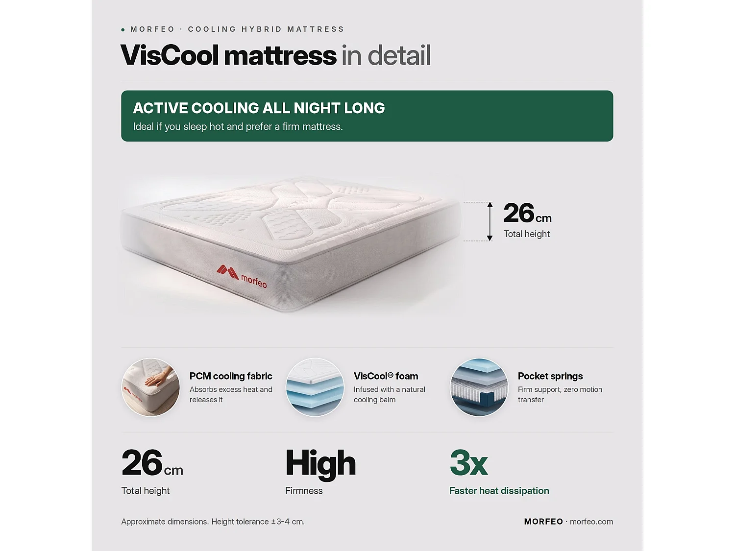 Matelas Morfeo VisCool | 140x190 | VisCool® effet froid | Ressorts + Mousse viscoélastique | Fermeté élevée | 26 cm