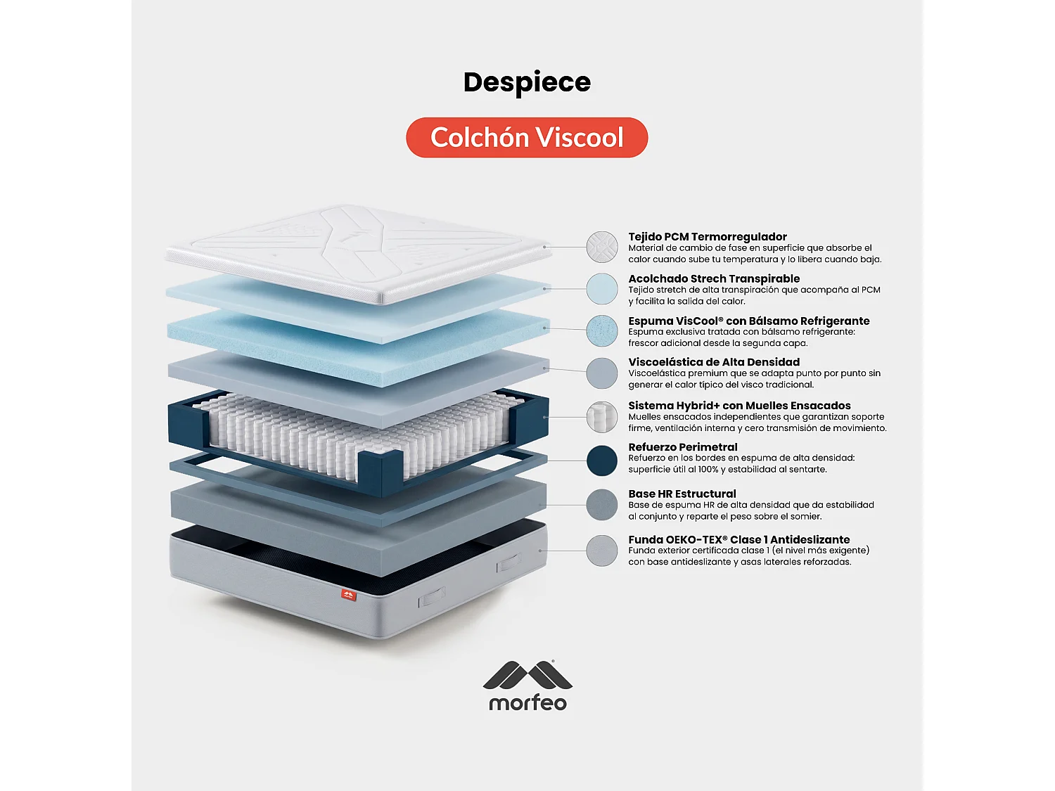 Matelas Morfeo VisCool | 160x190 | VisCool® effet froid | Ressorts + Mousse viscoélastique | Fermeté élevée | 26 cm