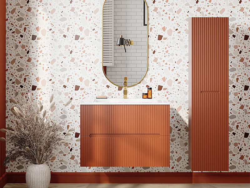 Móvel de casa de banho suspenso com lavatório de encastrar, torneira e coluna - Estriado terracota - 80 cm - PAVANI