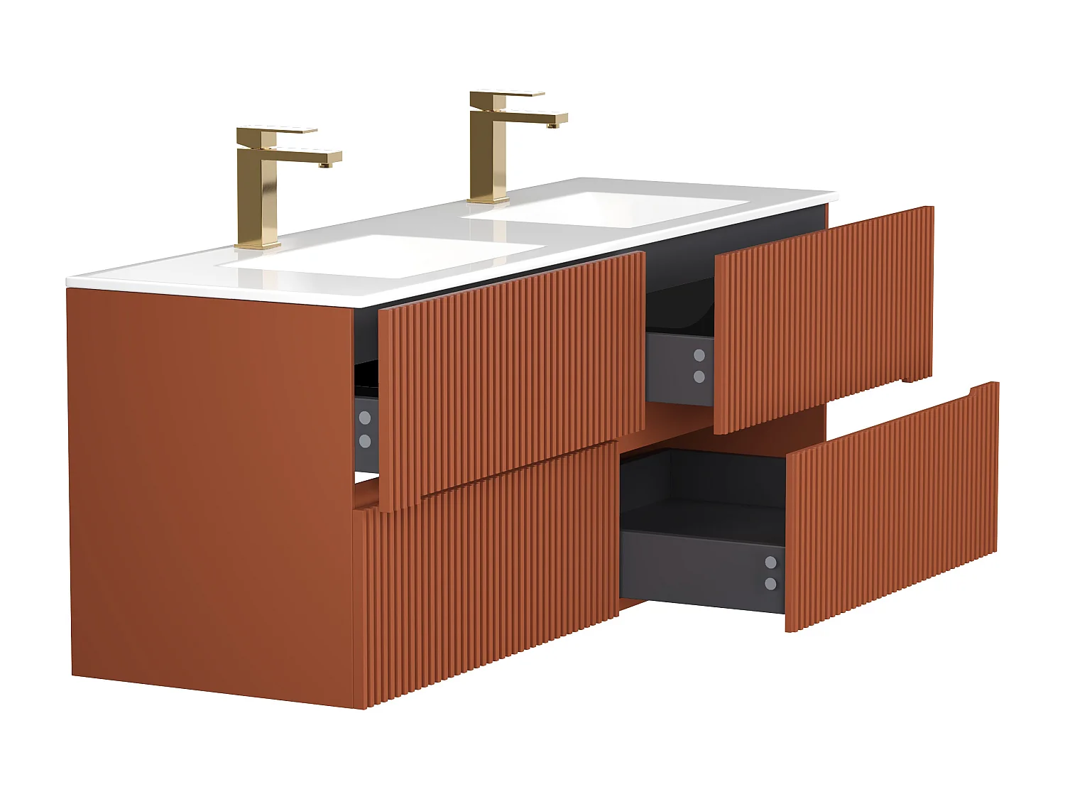 Meuble de salle de bain suspendu avec vasque à encastrer, robinet et colonne - Strié terracotta - 150 cm - PAVANI