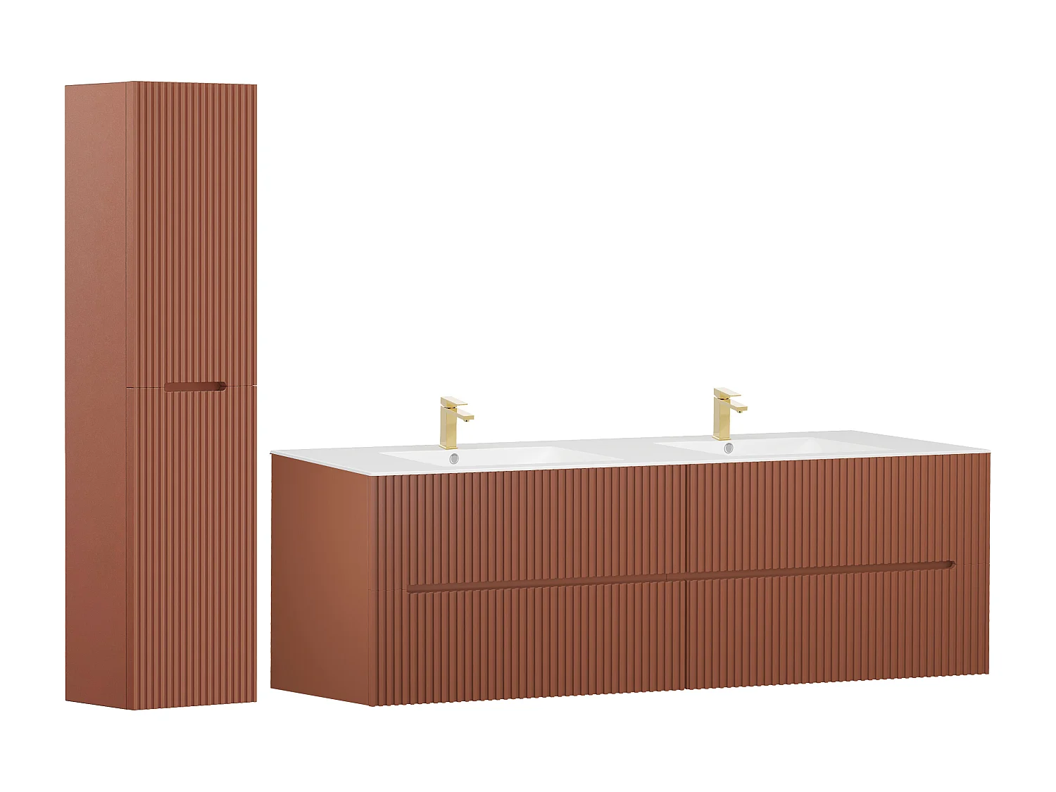 Meuble de salle de bain suspendu avec vasque à encastrer, robinet et colonne - Strié terracotta - 150 cm - PAVANI