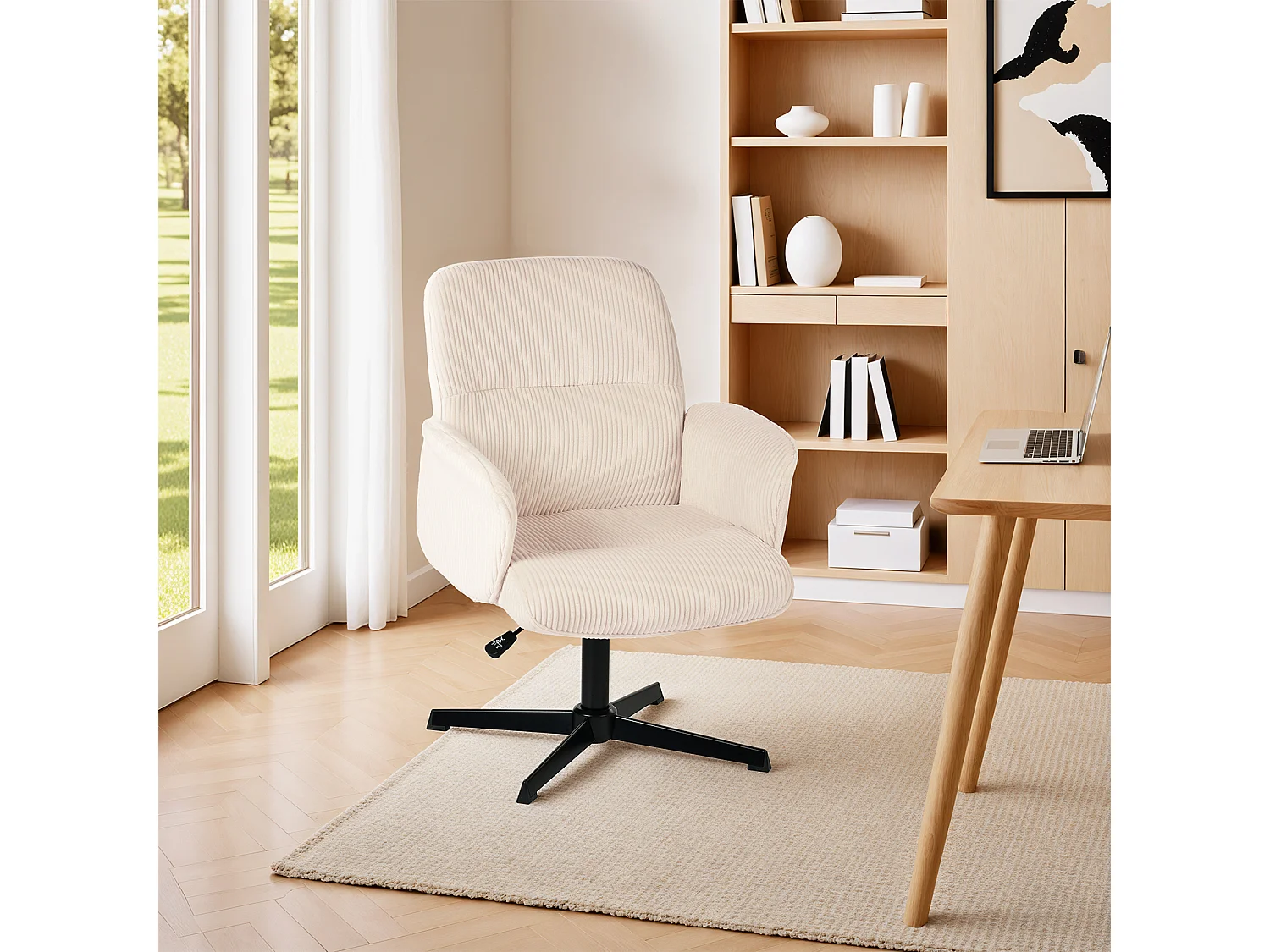 Fauteuil de bureau pivotant réglable en velours côtelé avec accoudoirs et base en métal noir, THOMASINACORDO