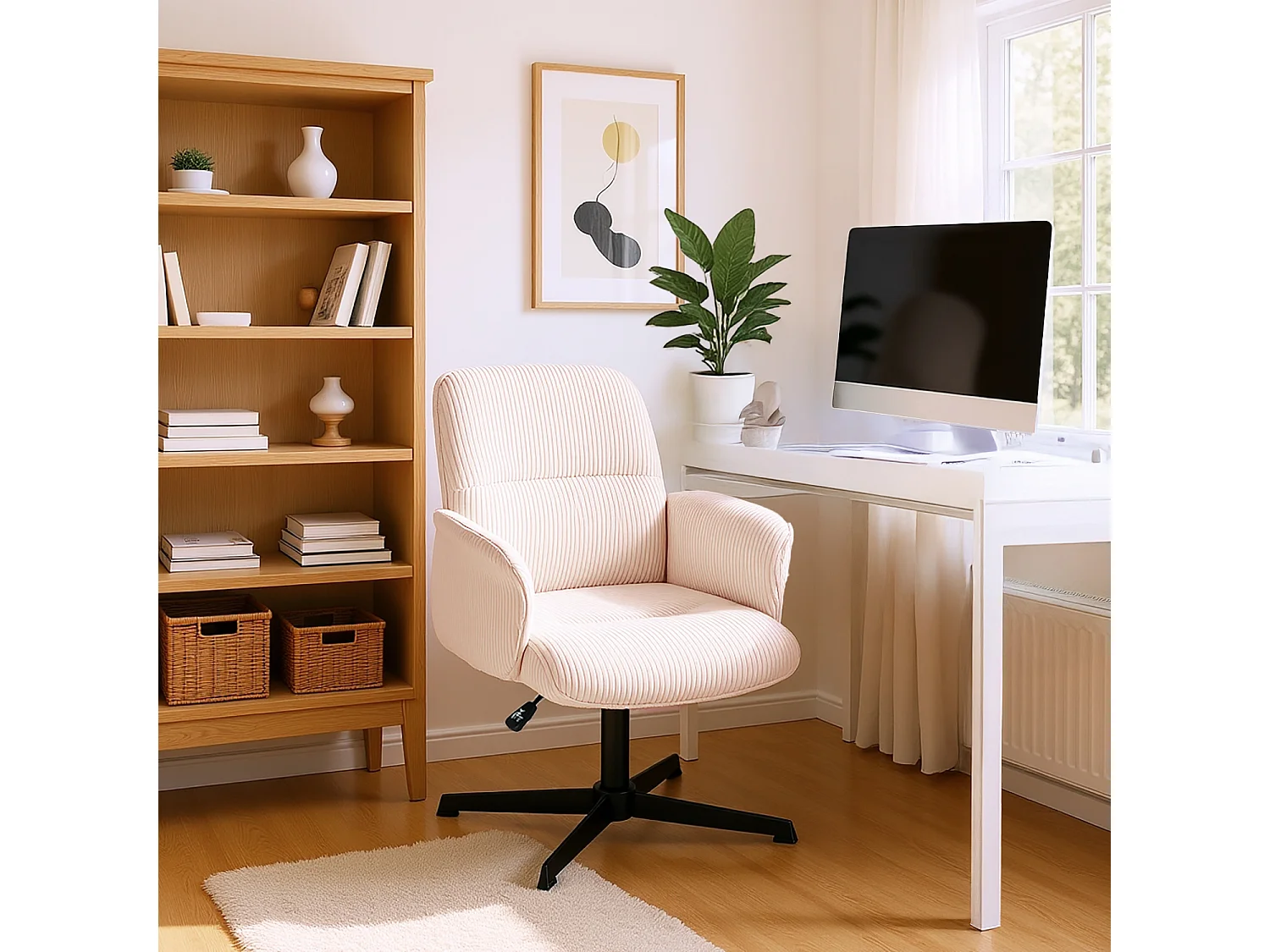 Fauteuil de bureau pivotant réglable en velours côtelé avec accoudoirs et base en métal noir, THOMASINACORDO