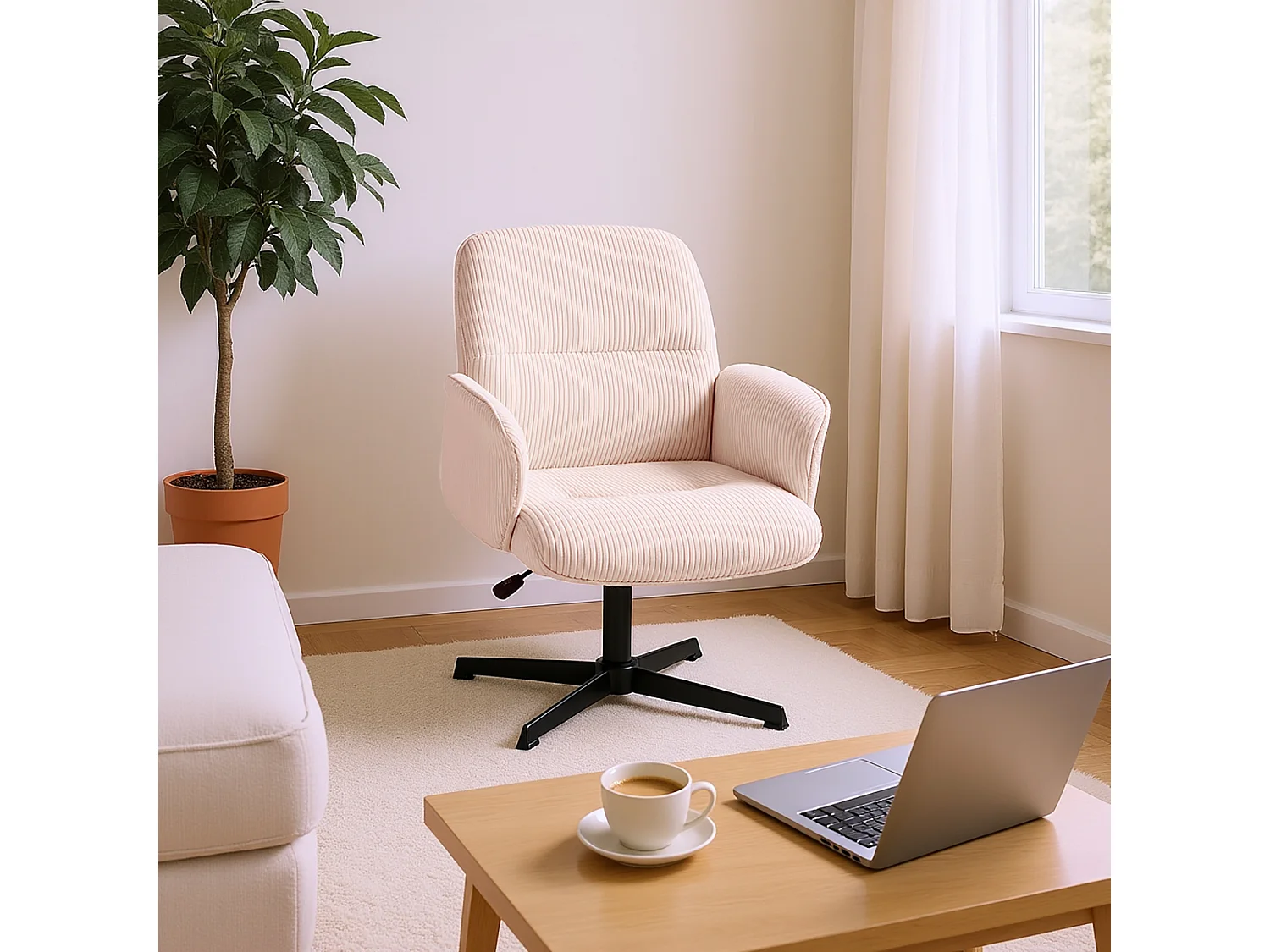 Fauteuil de bureau pivotant réglable en velours côtelé avec accoudoirs et base en métal noir, THOMASINACORDO